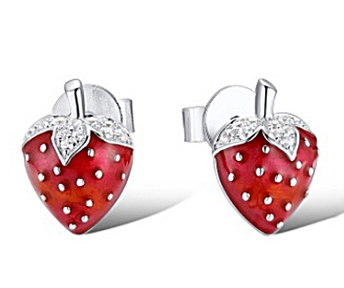rot Erdbeeren für Ohrstecker Zirkonia, Zolotoy 925 94029181 Paar Silberschmuck Damen Emaille Silber