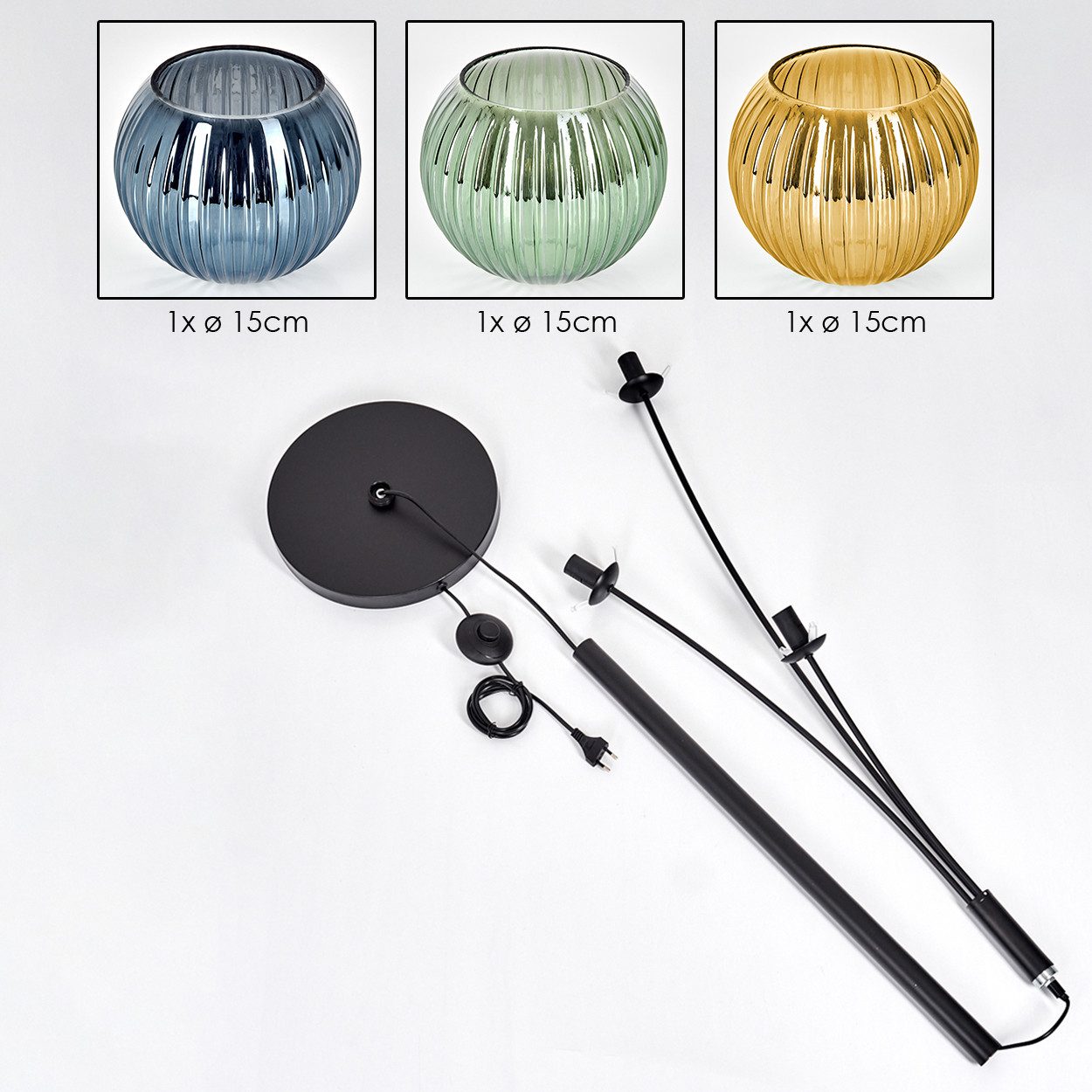 hofstein Stehlampe Stehlampe aus Metall/Riffelglas in Schwarz/Grün/Blau/Goldfarben, Stehleuchte Retro/Vintage, Ø Schirme 15 cm, Fußschalter, 170 cm, E14