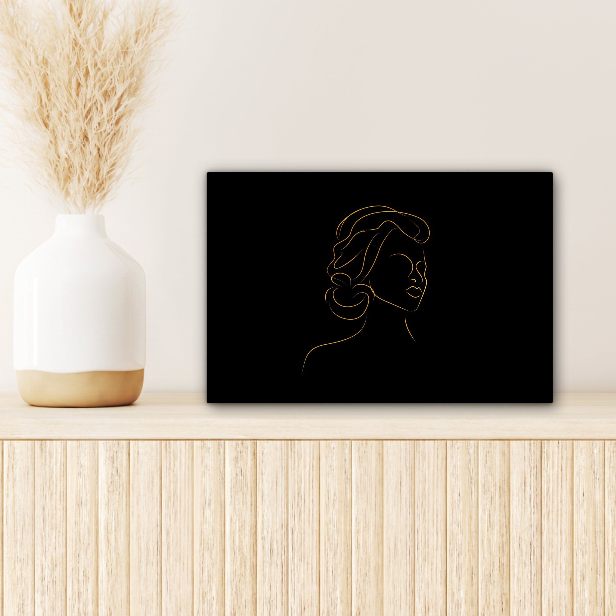 OneMillionCanvasses® Leinwandbild Frau Leinwandbilder, Aufhängefertig, (1 Schwarz - Strichzeichnung, - Gold Wanddeko, Wandbild cm - St), 30x20