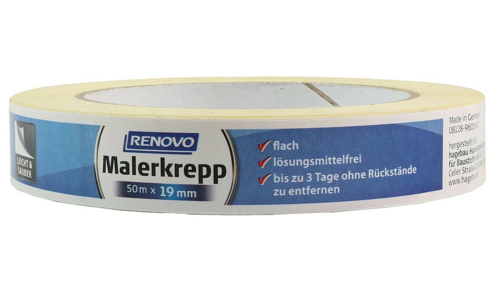 Renovo Kreppband Malerkreppband 6011365 (50 Meter) rückstandsfrei ablösbar,  Lösungsmittelfrei