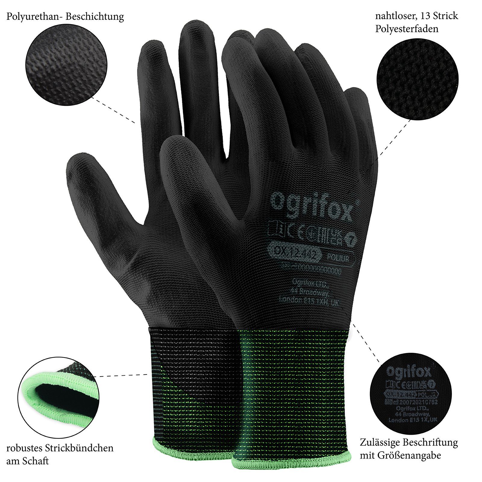 Midori Arbeitshandschuh-Set 12 (Nr.7) Schwarz Beschichtet Polyester, Paar Größe Polyurethan S grün Schutzhandschuh Montagehandschuh