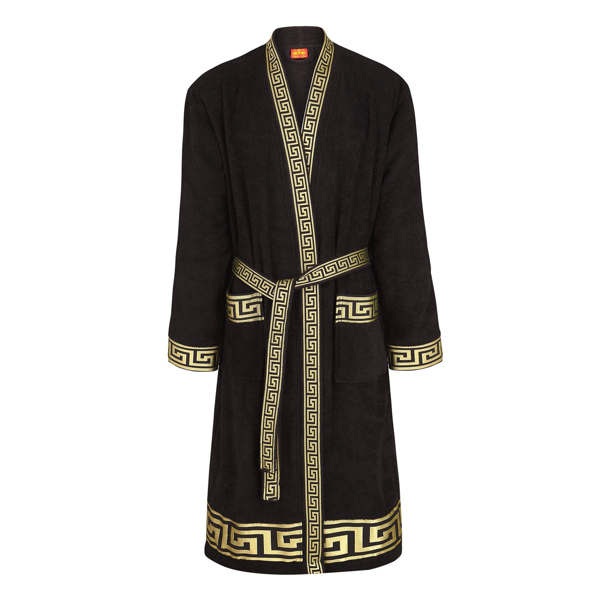 Belle Arti Bademantel Bademantel Damen Herren Mäander schwarz weiss gold - 100% Baumwolle, Kimono-Kragen, Gürtel, Kimono, Lockerer Schnitt, Gold, pflegeleicht, Passform, Unisex