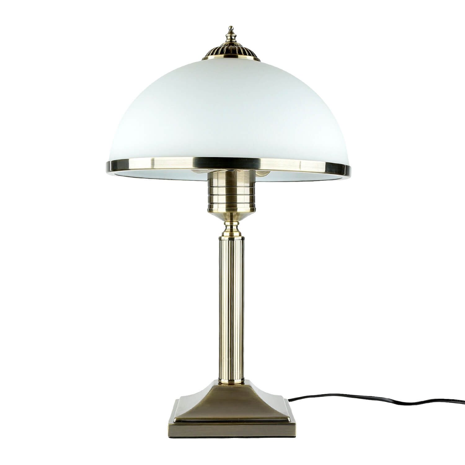 Licht-Erlebnisse Nachttischlampe ZEUS, ohne Leuchtmittel, Tischlampe Glas Schirm 50 cm hoch in Messing antik Weiß