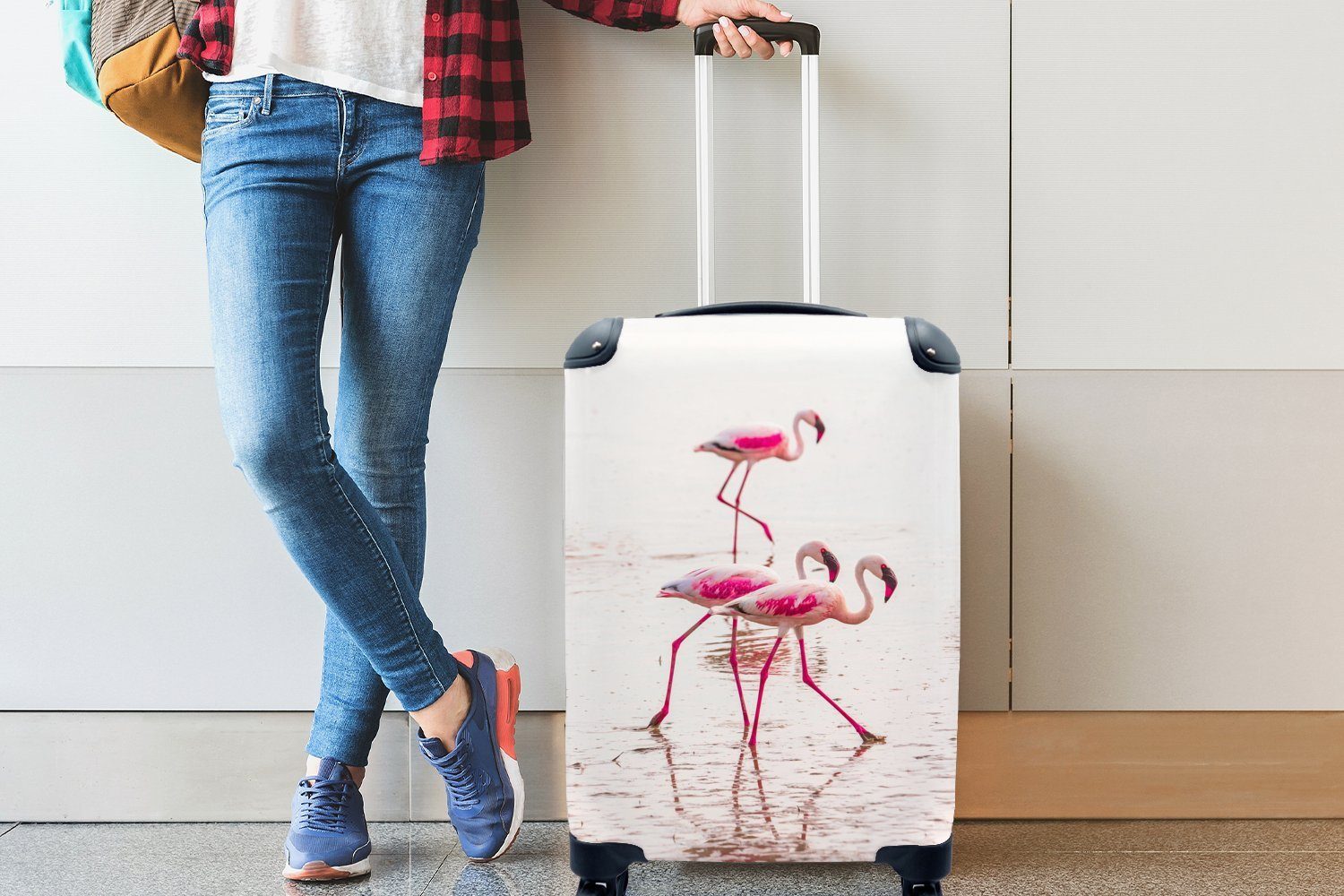 mit beim Ferien, Reisekoffer Flamingos Reisetasche Spaziergang, für Rollen, rollen, Handgepäck Trolley, Handgepäckkoffer 4 MuchoWow Rosa