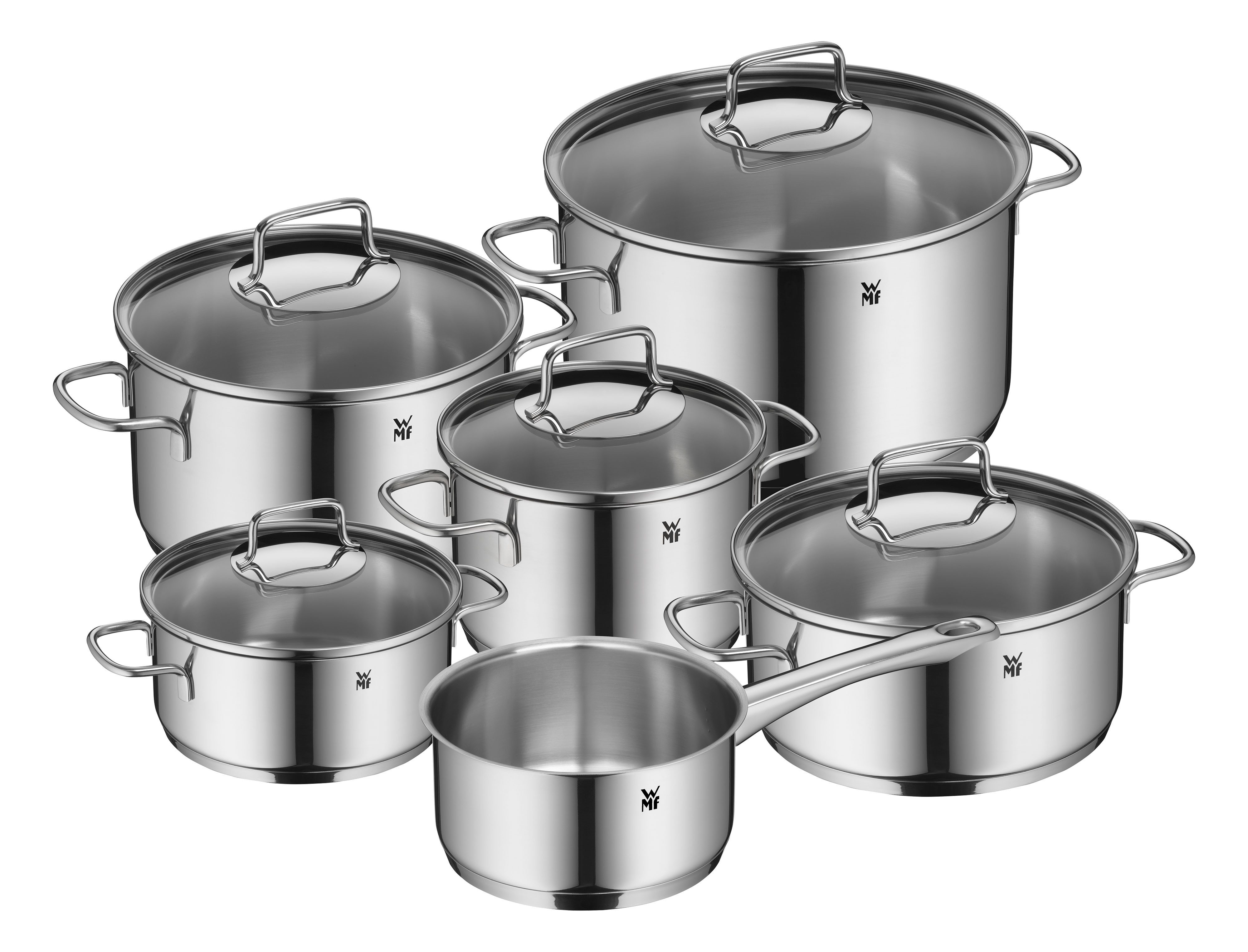 WMF Topf-Set Astoria Induktion, Kochtopf Set mit Glasdeckel, Cromargan® Edelstahl Rostfrei 18/10 (Set, 11-tlg., 2x Bratentopf mit Deckel, 3x Kochtopf mit Deckel, 1x Stielkasserolle), für alle Herdarten geeignet, mit Schüttrand, TransTherm-Allherdboden
