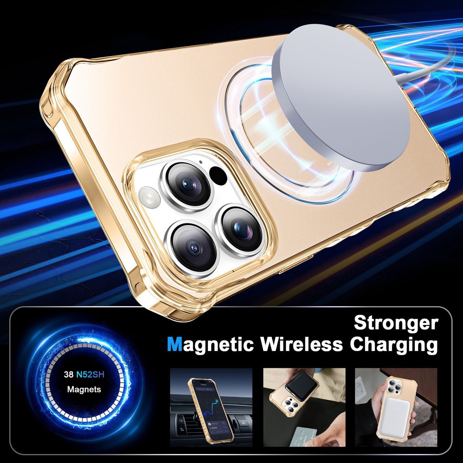 Wigento Handyhülle Für Apple iPhone 16 Pro Solid Color MagSafe Ring Halter Hülle Gold, MagSafe, stoßfest, mit Ringhalter