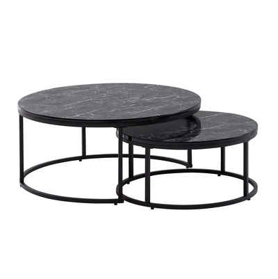 möbelando Couchtisch Couchtisch 2er Set Schwarz Marmor Optik Sofatisch, Couchtisch 2er Set Schwarz Marmor Optik Sofatisch Rund Modern, Beistelltisch 2-teilig Metall, Runde Wohnzimmertische, Design Satztische