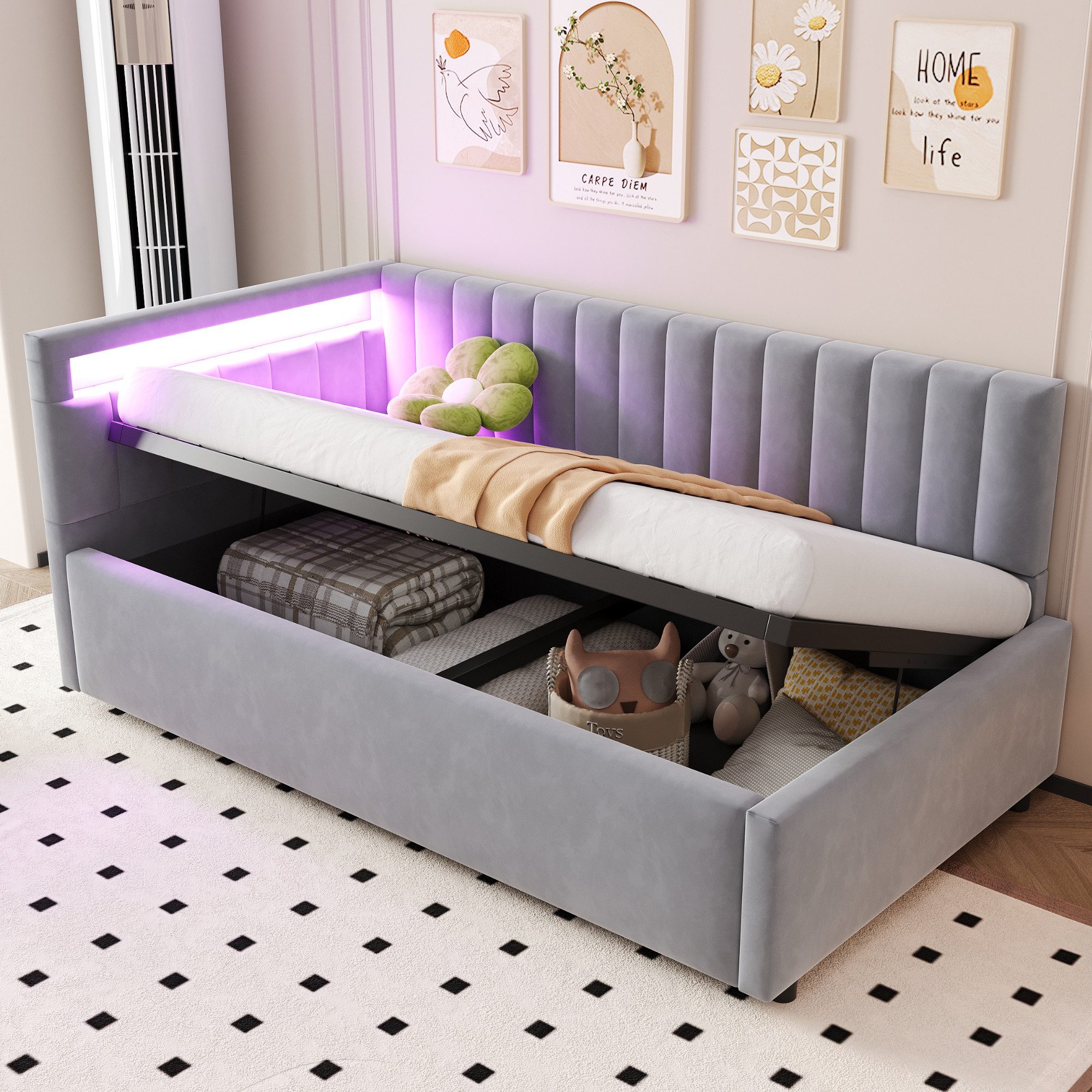 Odikalo Stauraumbett Einzelbett mit Bettkasten und Gasdruckfeder, LED-Beleuchtung 90x200 cm
