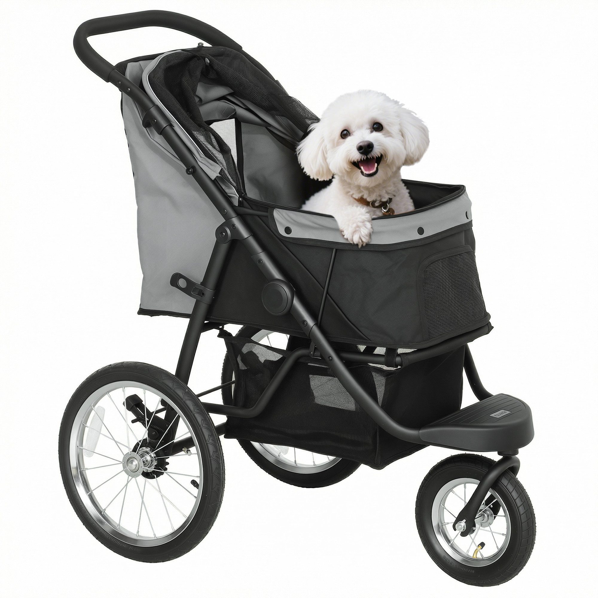 PawHut Hundebuggy mit 3 große Gummiräder, Kissen, Netzfenstern, Sicherheitsleinen, (Jogger Hundewagen, 1-tlg), für kleine Hunde & Katzen bis 10 kg, Grau