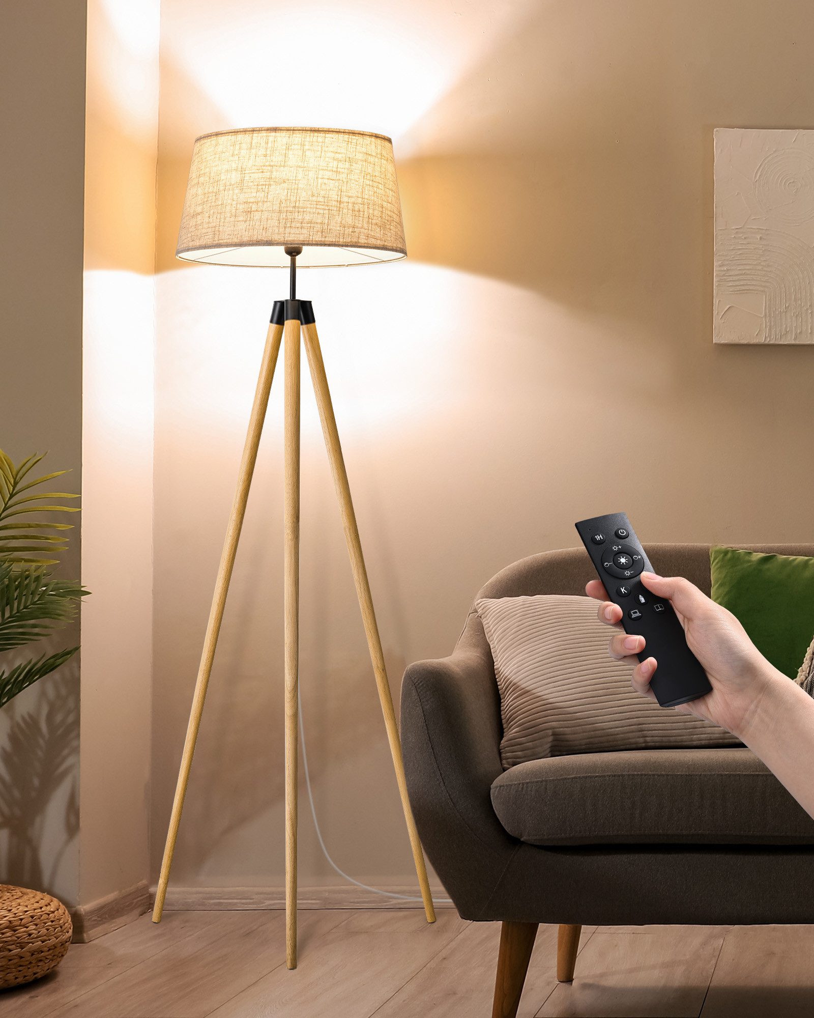 EDISHINE Stehlampe Wohnzimmer Dimmbar, LED wechselbar, warmweiß, Stehleuchte Stativ aus Holz, Fernbedienung Steuerung