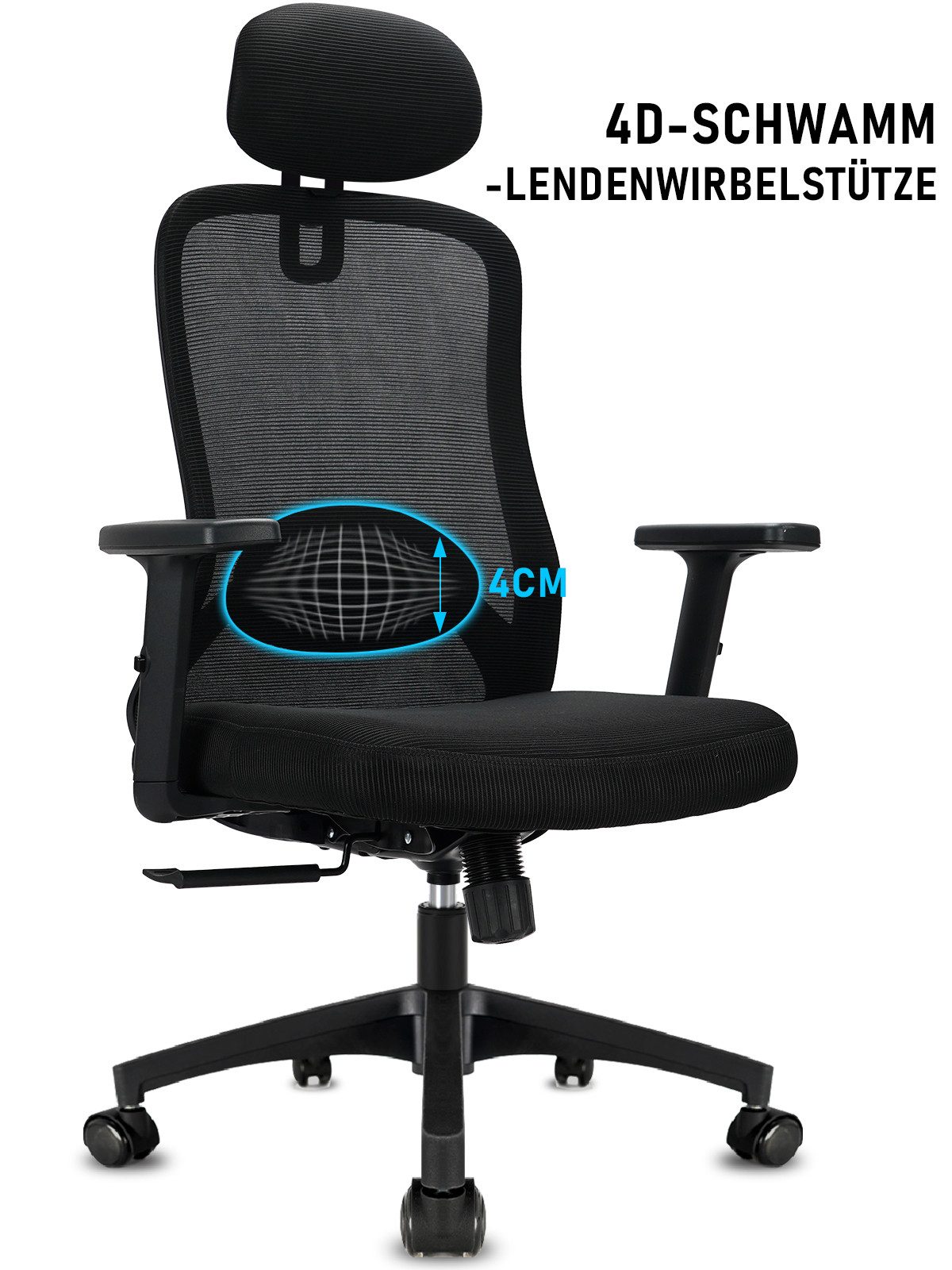 Durrafy Bürostuhl Ergonomischer,Chefsessel mit 4D-Schaumstoff-Lendenwirbelstütze (Wippfunktion 130°und Höhenverstellbar Schreibtischstuhl, Atmungsaktiver Netzbezug), Drehstuhl, Bürostuhl 150 kg, Schwarz