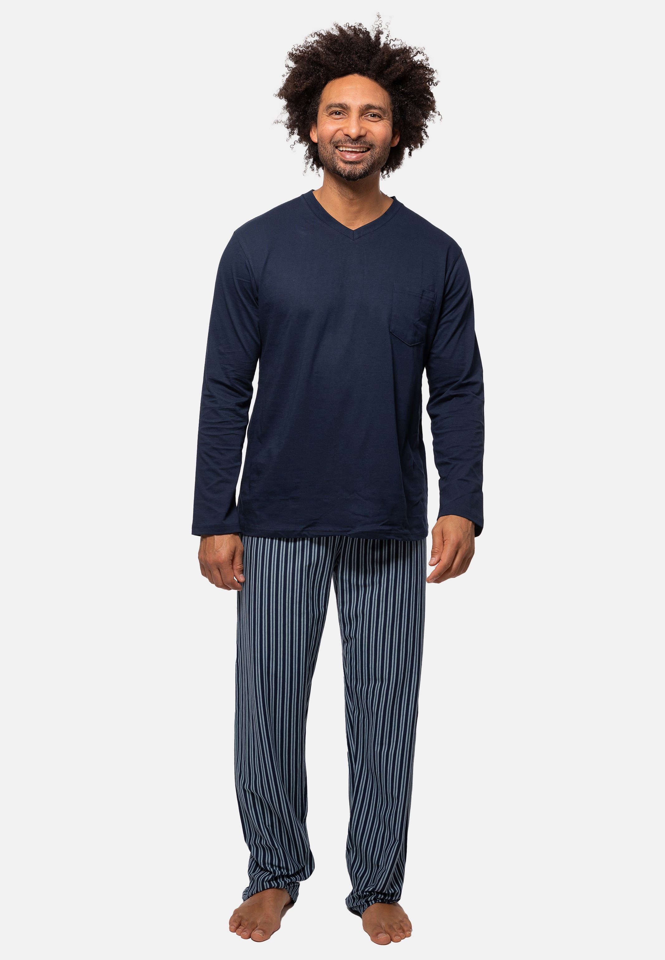Ammann Pyjama Organic Cotton (Set, 2 tlg) Schlafanzug - Baumwolle - Set aus Langarm Shirt und langer Hose Blau gestreift