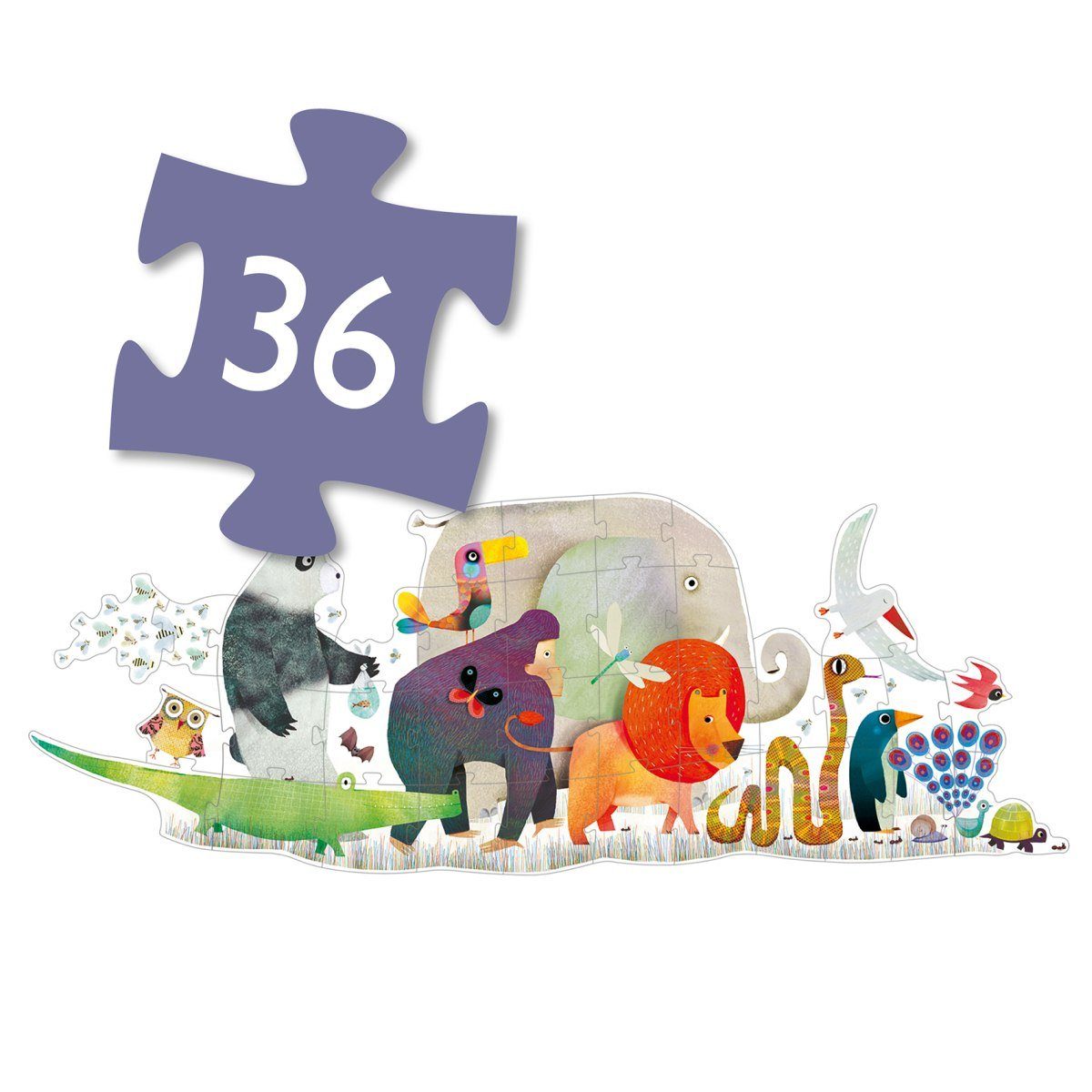 DJECO Konturenpuzzle Puzzle Tierparade 36 Teile 1,33 m lang, Puzzleteile