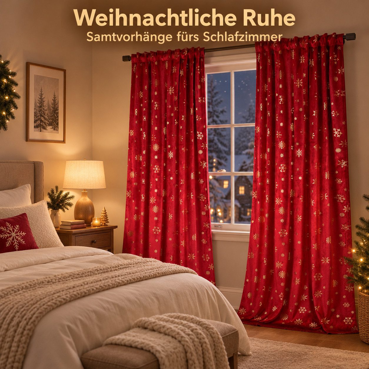 LMaxhome Verdunkelungsvorhang Weihnachtsvorhang Samt 2er Set, blickdicht, Rot/Grün, Schneeflocken, Thermovorhang für Wohn- & Schlafzimmer, lichtreduzierend, 132 – Bild 5 von 5