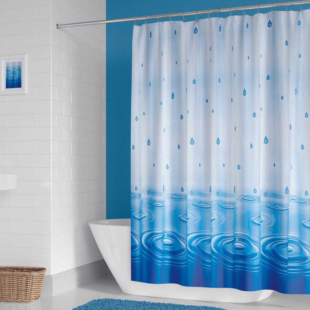 Ekershop Duschvorhang Textil "Wassertropfen Blau" Regen für Duschstange Breite 120 cm (inkl. Ringe), Höhe 200 cm, wasserabweisend, waschbar, bügelbar