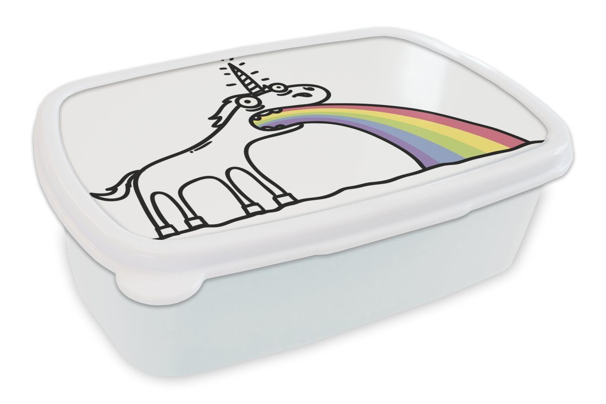 MuchoWow Lunchbox Eine Illustration eines Einhorns, das einen Regenbogen ausspuckt -, Kunststoff, (2-tlg), Brotbox für Kinder und Erwachsene, Brotdose, für Jungs und Mädchen weiß