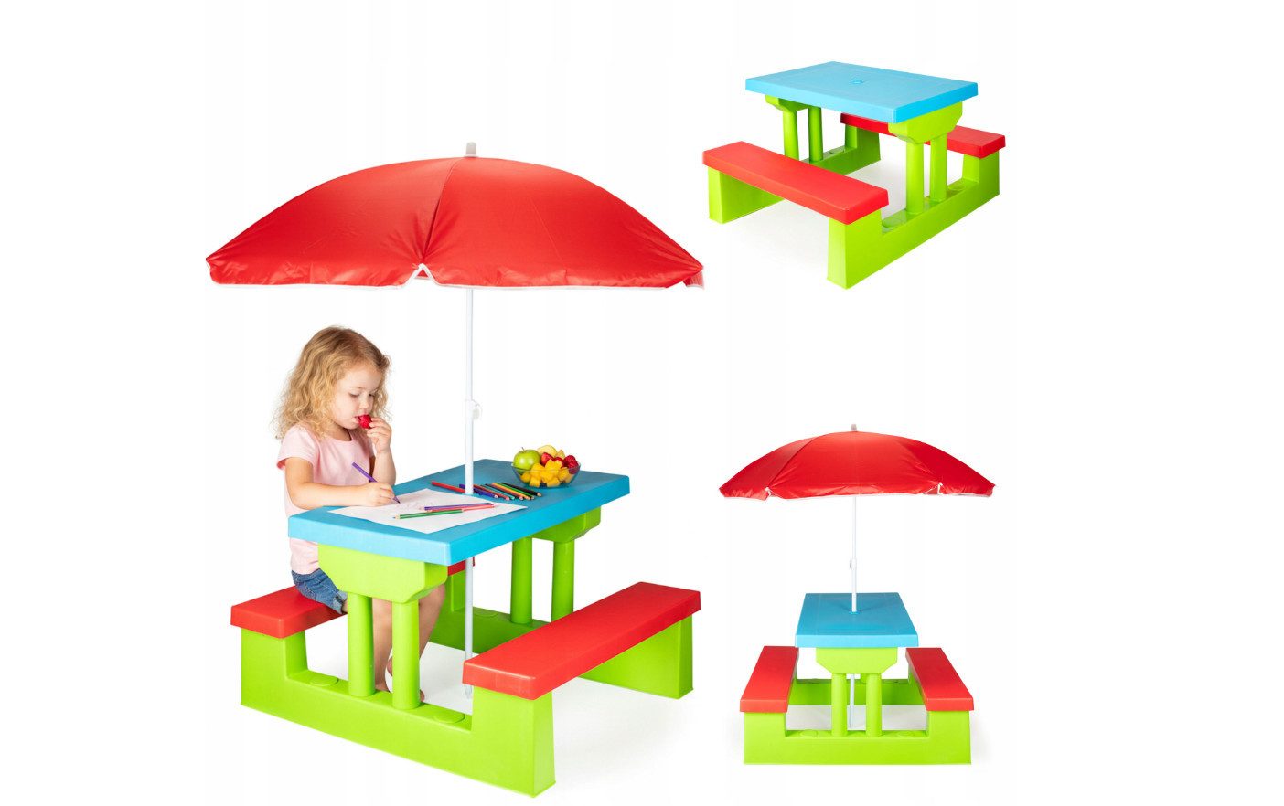 COIL Garten-Kindersitzgruppe Kinder-Picknicktisch mit Sonnenschirm 107 x 67 x 135 cm, 5 kg, (4-tlg), verschiedene Farben, Kunststoff UV-beständig, für Kinder ab 3 Jahren