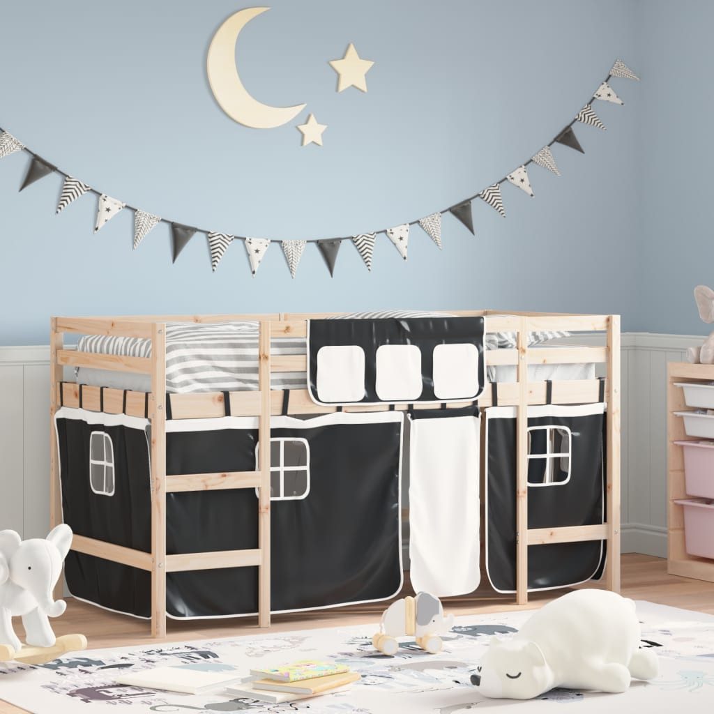 vidaXL Bett Kinderhochbett mit Vorhängen Weiß und Schwarz Massivholz Kiefer