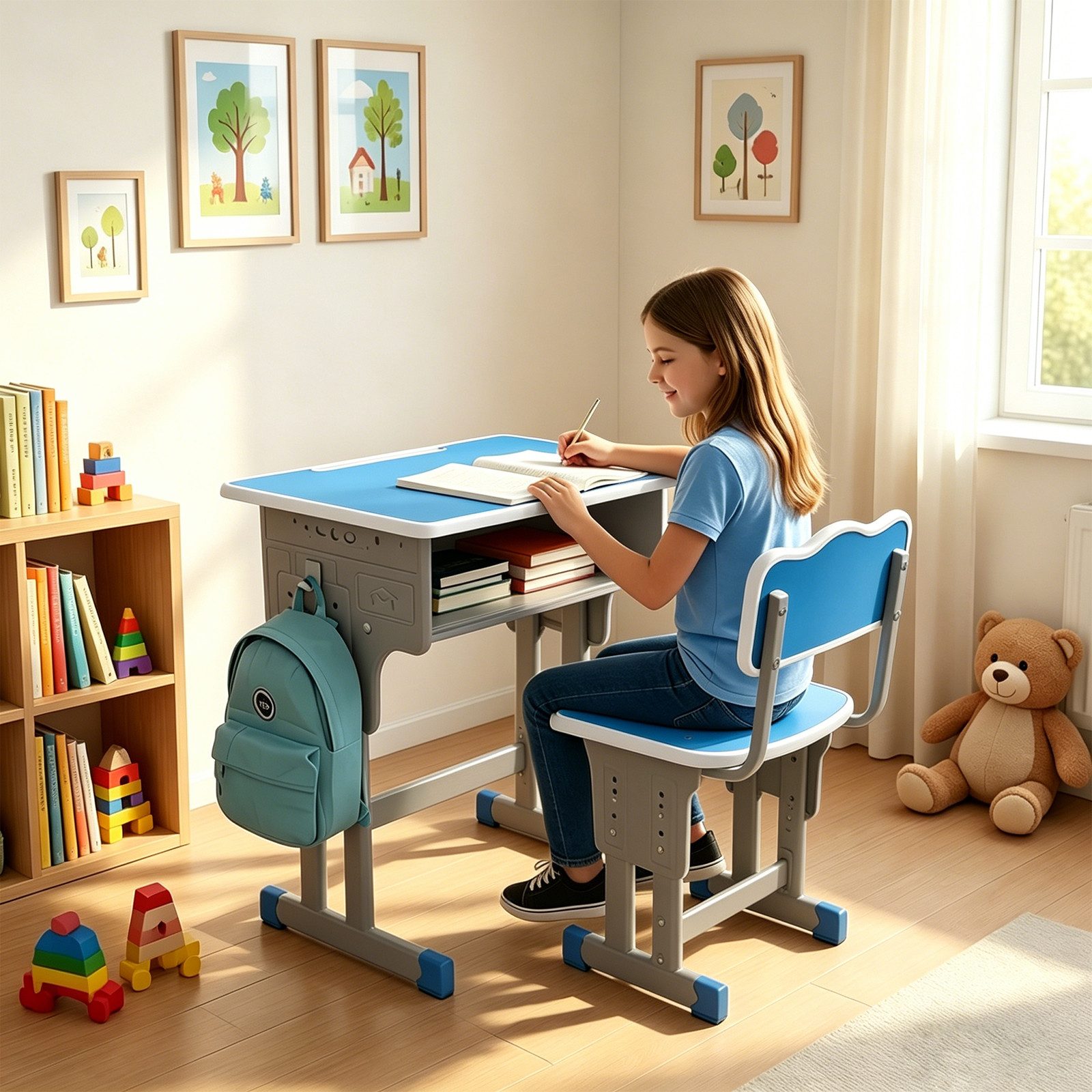 BBG Kinderschreibtisch Höhenverstellbares Kinder Schreibtisch Set mit Stuhl (Ergonomischer Lerntisch 60x40 cm, 4-Stufen Höhenverstellung, Ein Tisch, ein Stuhl), Anti-Rutsch Füße, Schulmöbel für Kinder ab 3 Jahren