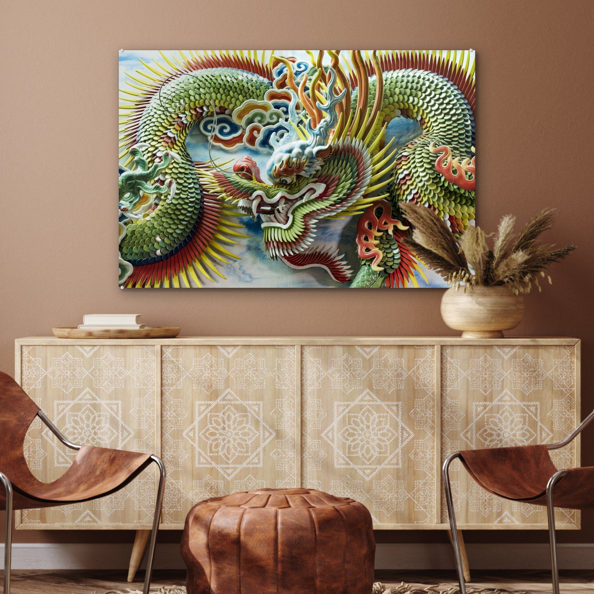 MuchoWow Wohnzimmer einem Drachen & St), chinesischen Acrylglasbilder von Dekoration farbigen (1 Schlafzimmer in Acrylglasbild Tempel,