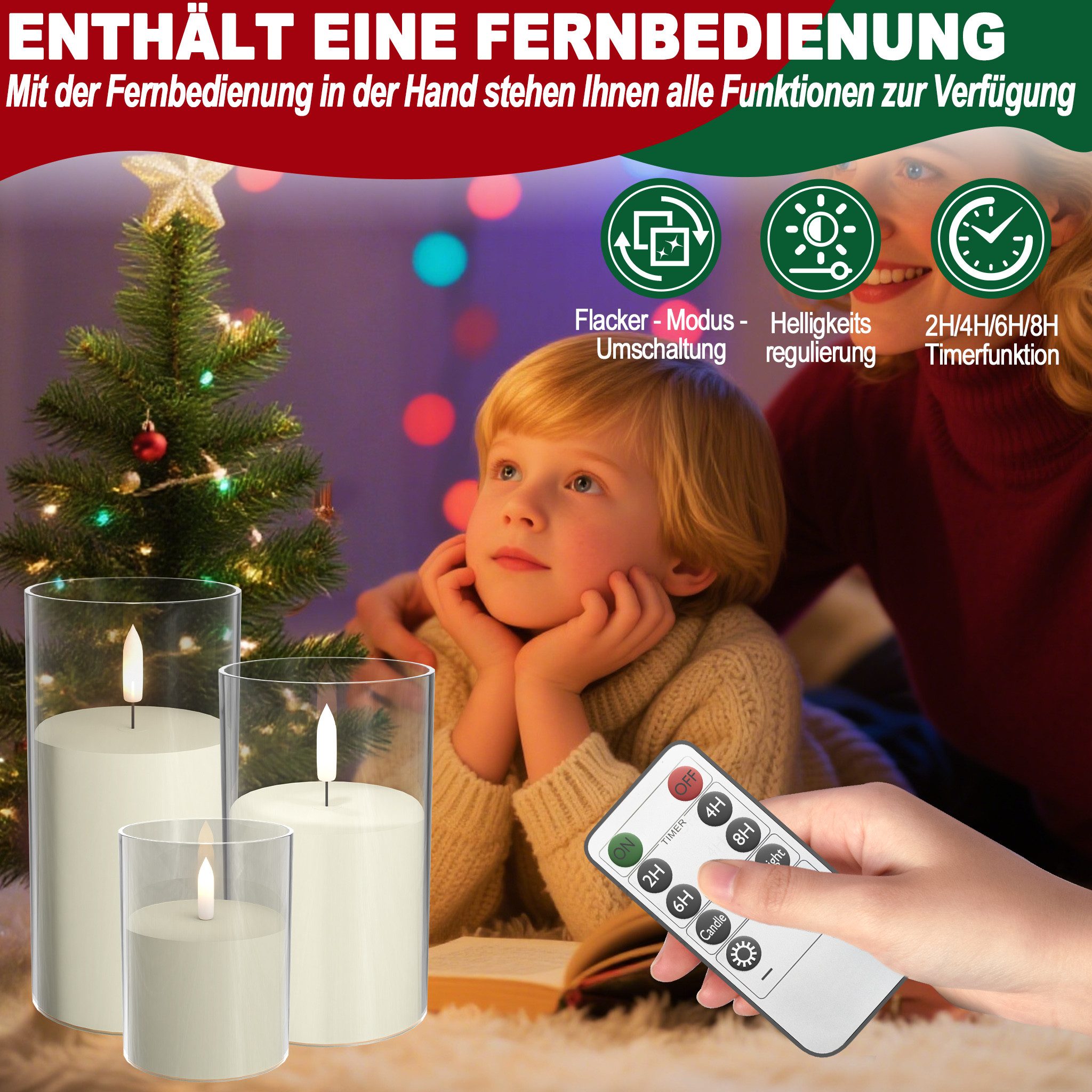 FIVMEN LED-Kerze 3 Stück LED Kerzen Flammenlosekerzen mit Fernbedienung Acryl Shell