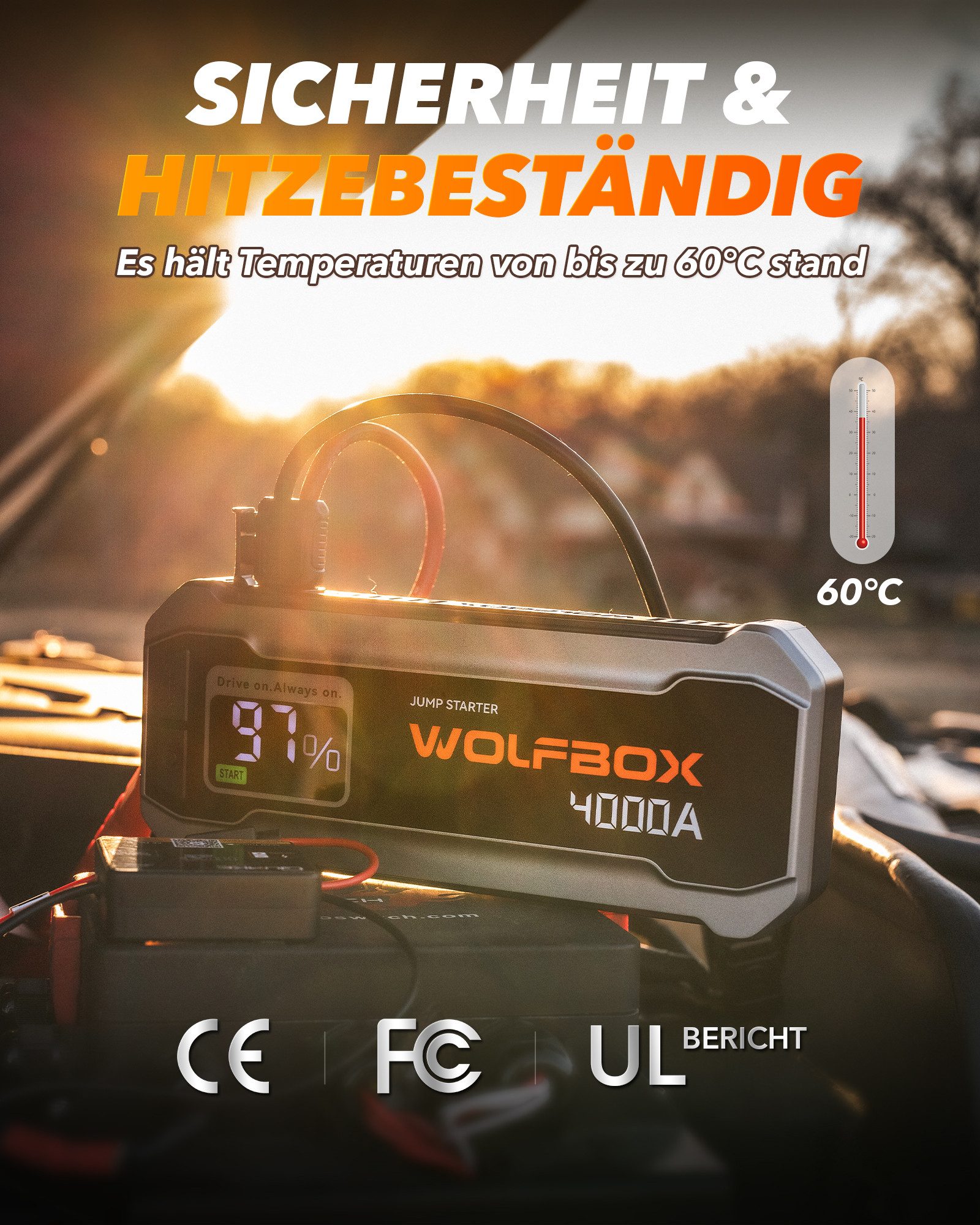 WOLFBOX 12V 3000A Starthilfe (unterstützt bis zu 8L Benzin oder 6L Diesel) Starthilfegerät (12 V, 1 St), mit Booster und LED-Taschenlampe – Bild 5 von 5