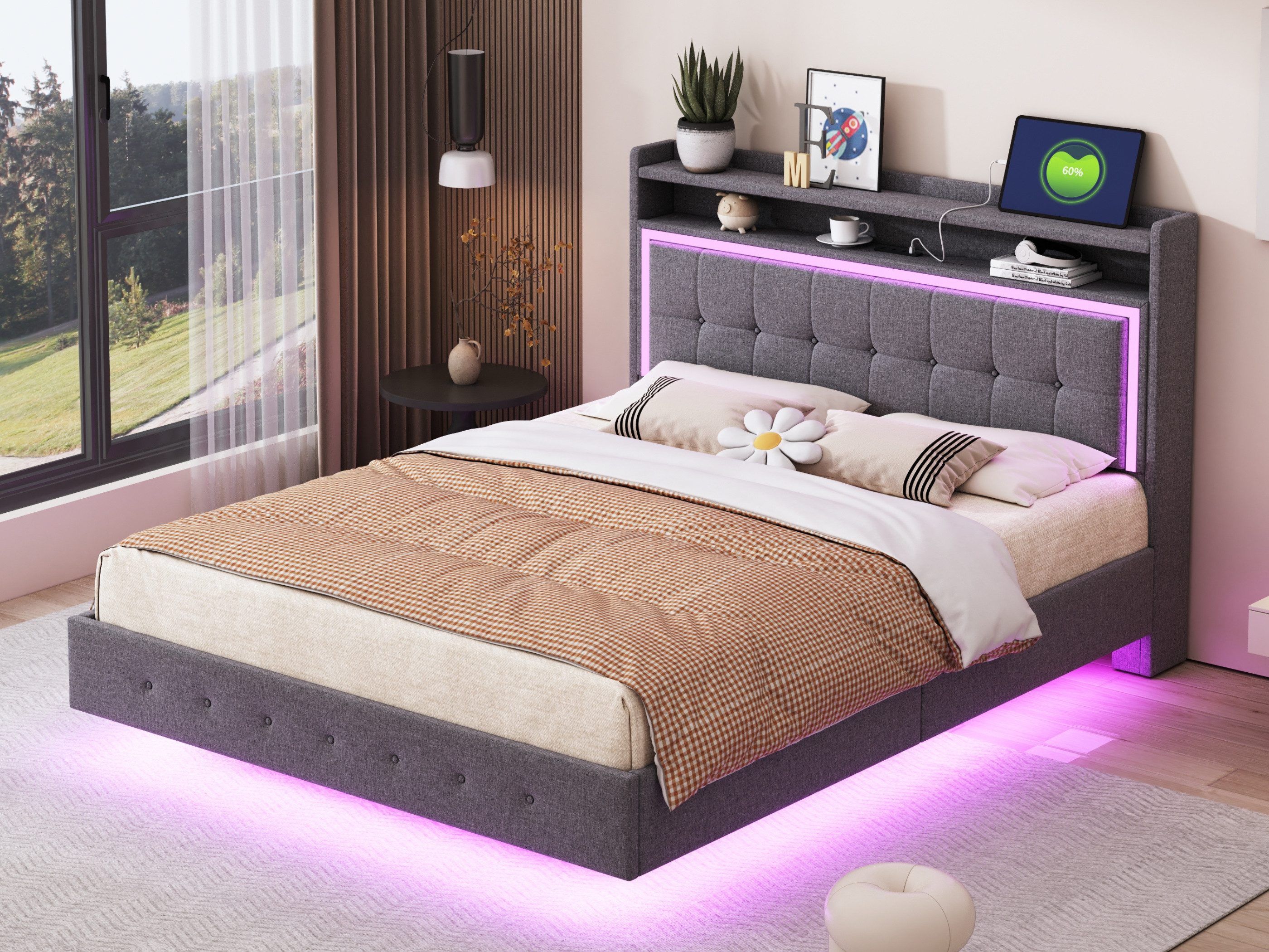 SeedWave Polsterbett Leinenstoff-Polsterbett mit Schwebendes Design 140/160x200 cm, Doppelbett mit USB-Ladeanschluss und LED-Farbwechsel-Lichtleiste