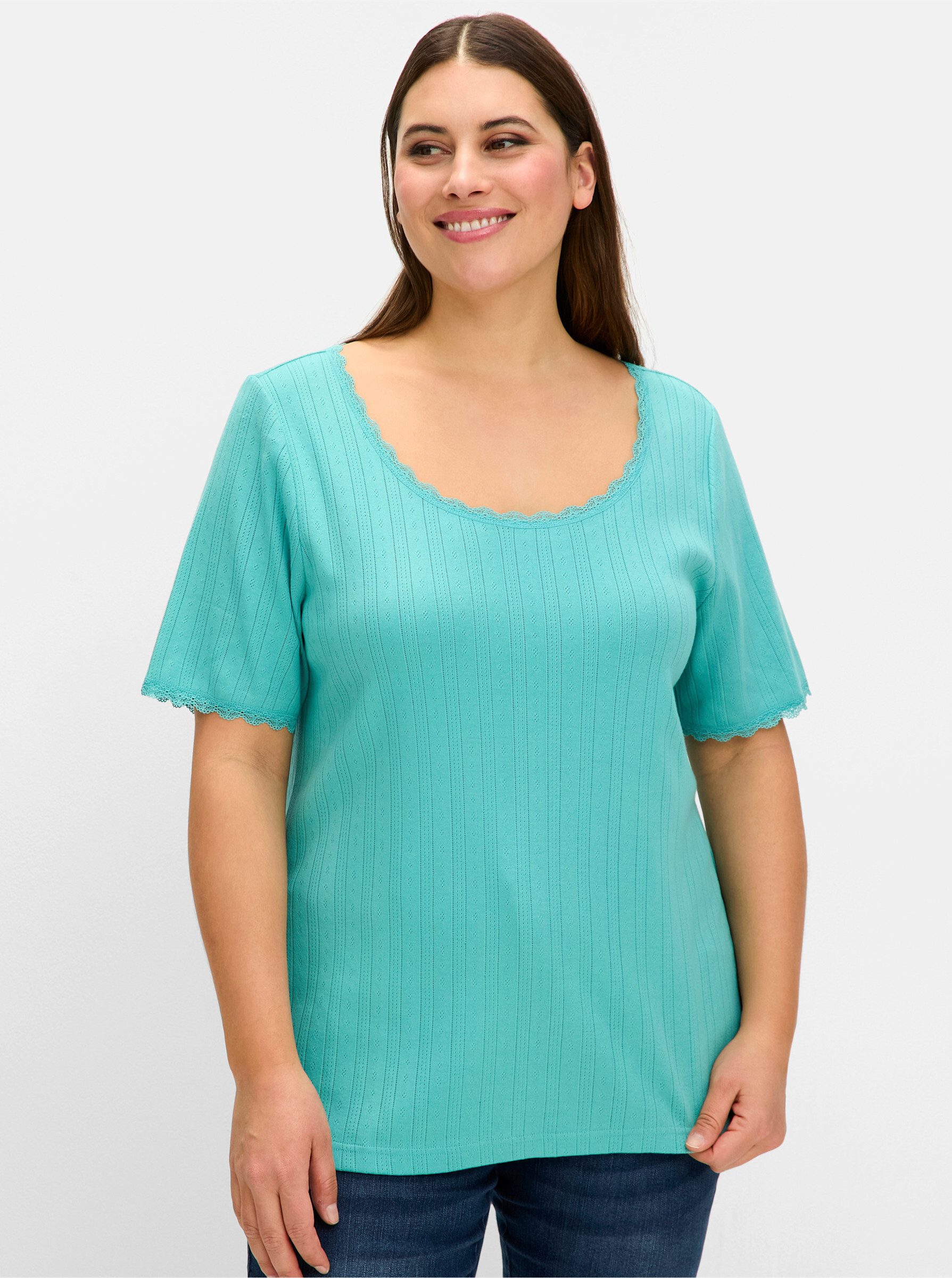 Sheego T-Shirt Rippshirt . mit Ajourmuster und Spitzendetails günstig online kaufen