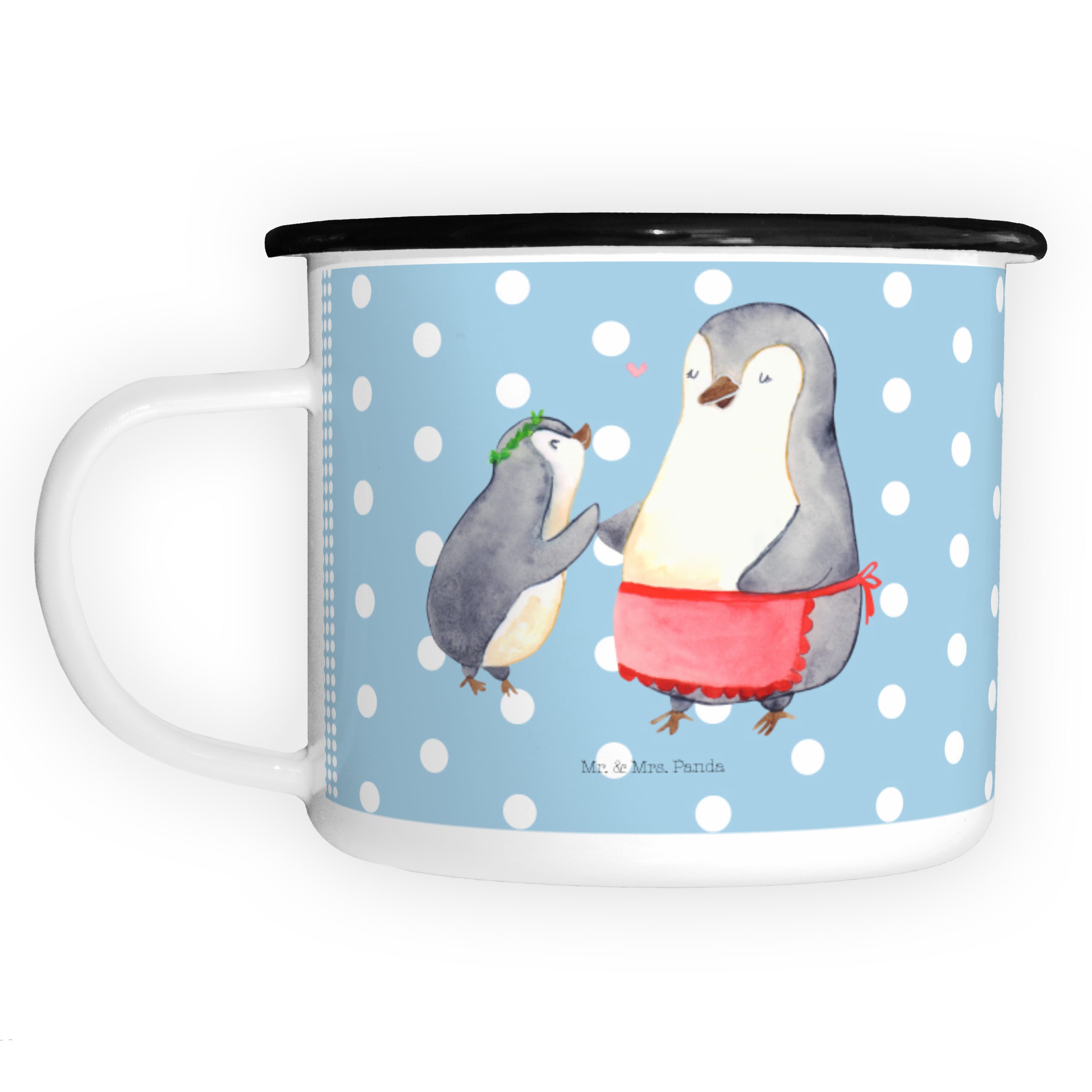 Mr. & Mrs. Panda Dekobecher Pinguin mit Kind - Blau Pastell - Geschenk, Bruder, Muttertag, Emaill (1 St)
