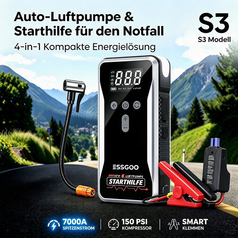 ESSGOO 5000A 12V Auto Starthilfe Powerbank 150PSI Kompressor Starthilfegerät Autobatterie-Ladegerät (18000mAh, LED-Leuchte, 9L Benzin Oder 8L Diesel, -20°C bis  – Bild 2 von 5
