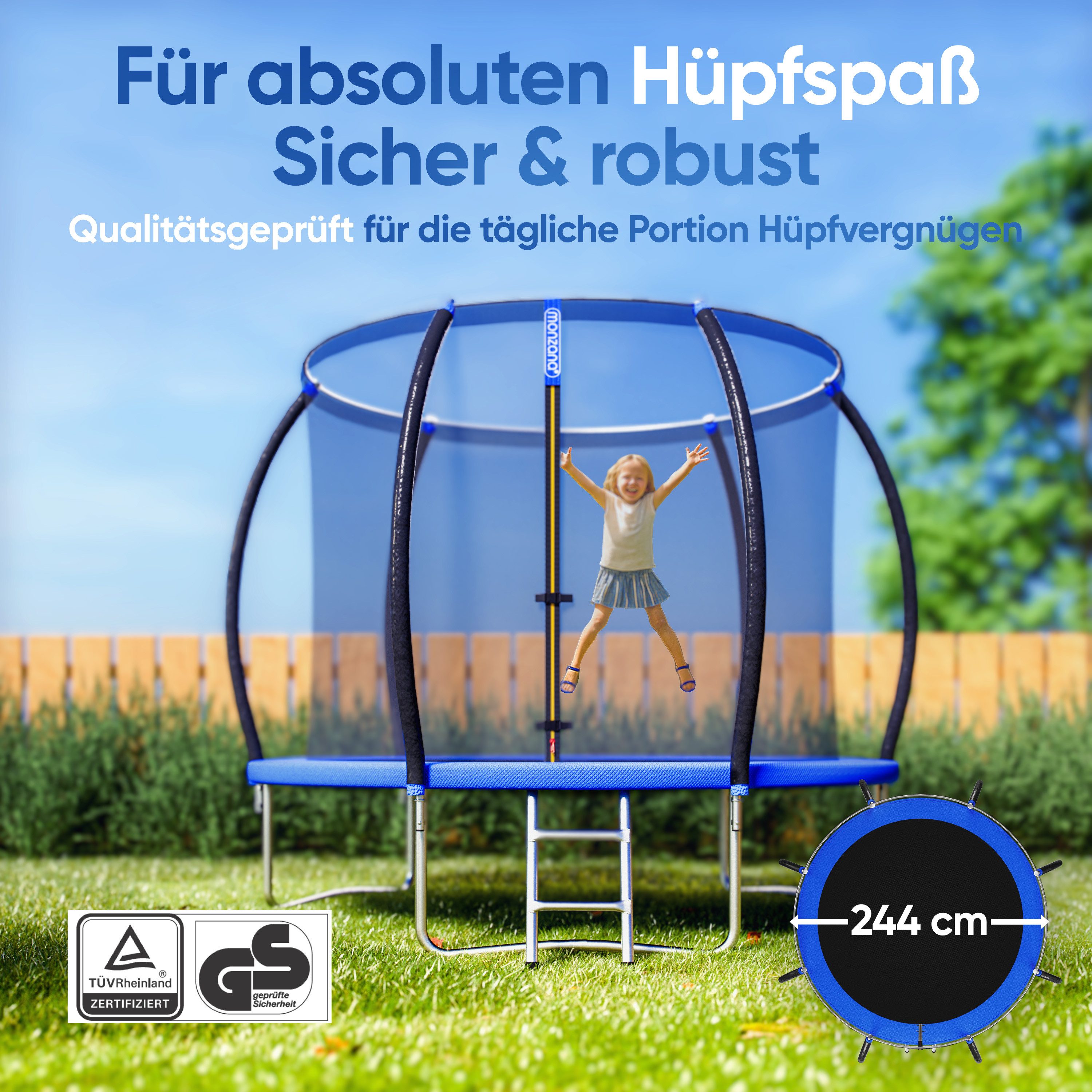 monzana Gartentrampolin, Ø 244 cm, (3 tlg), Ø 244 cm TÜV Rheinland GS Zertifiziert Komplettset