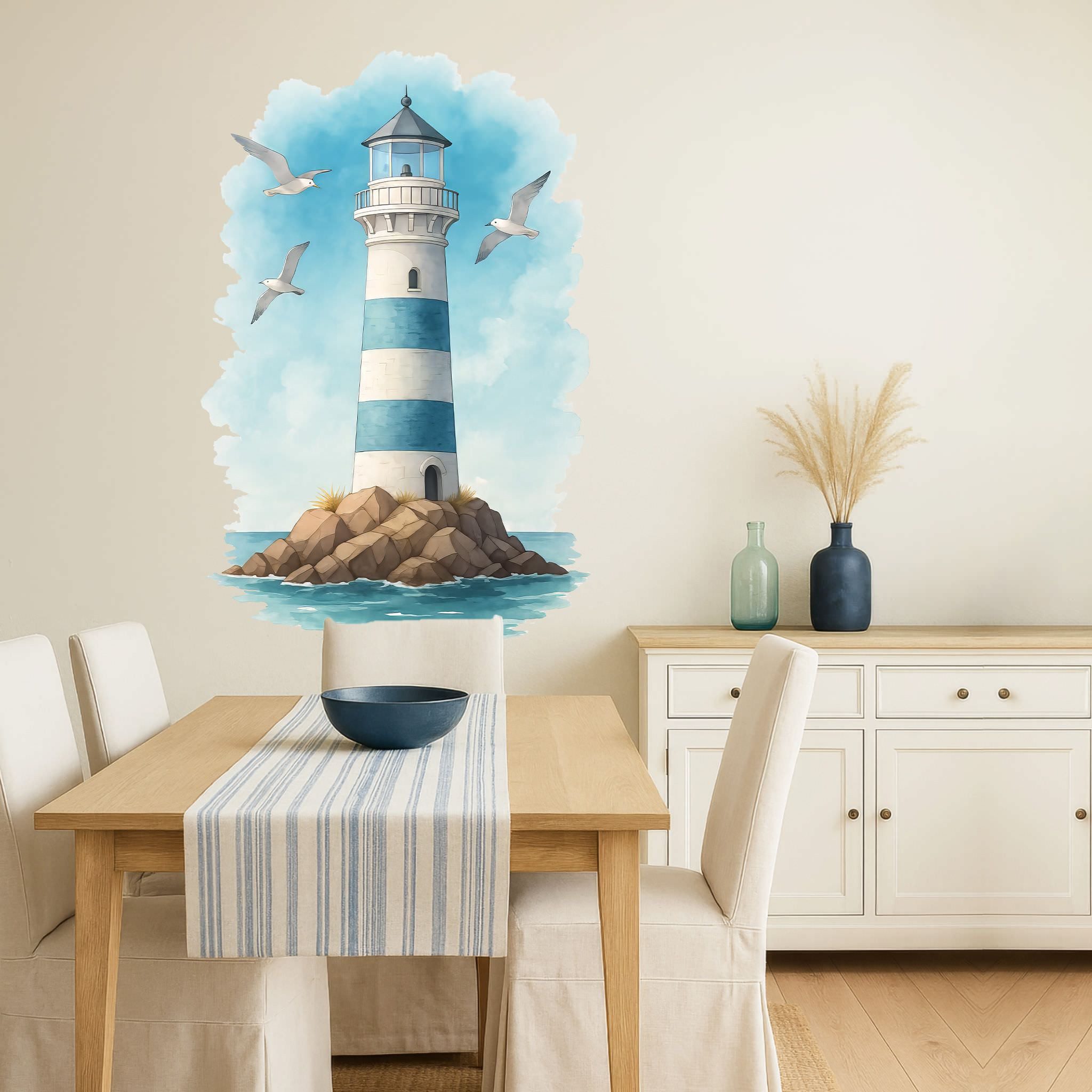 Sunnywall Wandtattoo Aufkleber Maritim Leuchtturm & Möwen – Aquarell blau-w günstig online kaufen