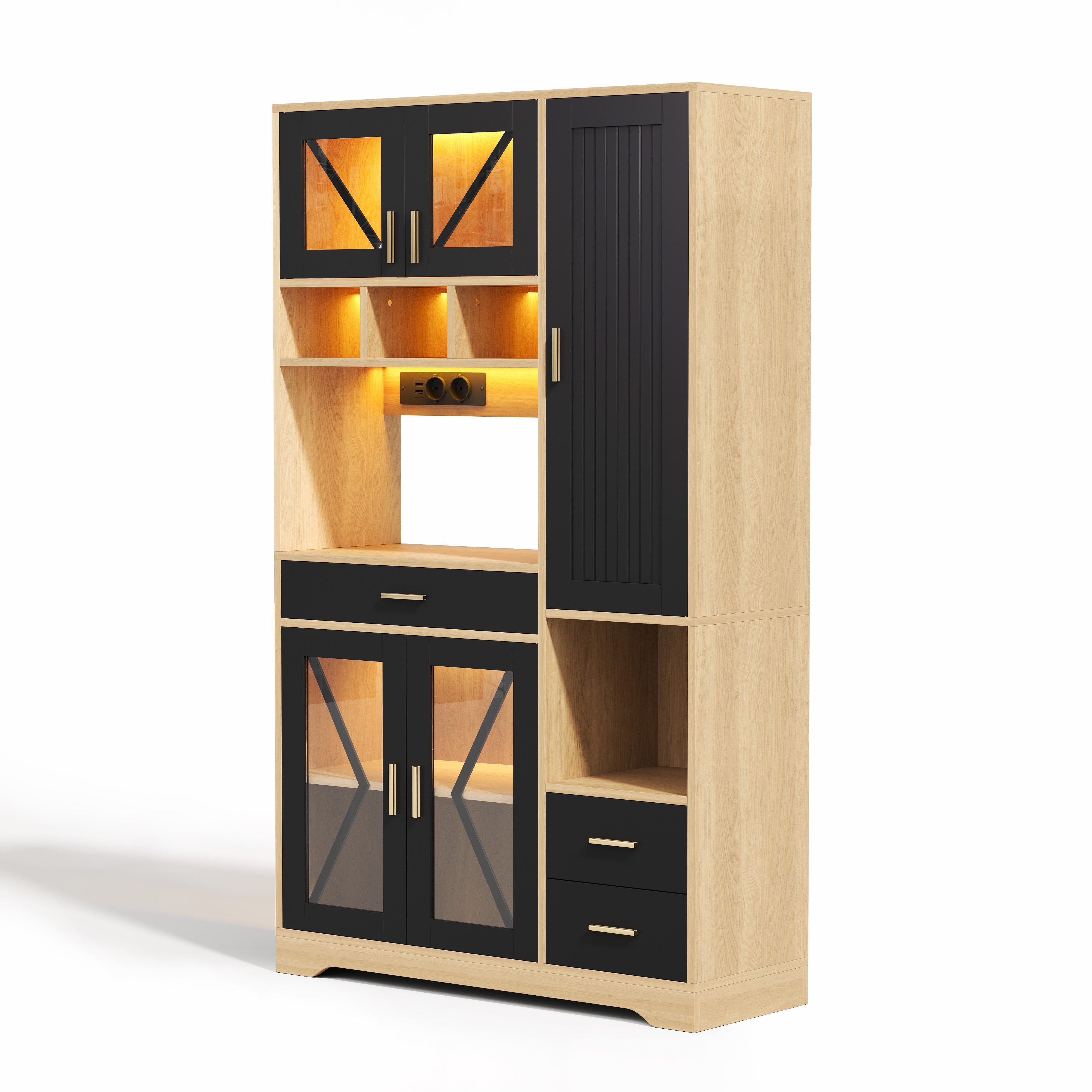 Welltin Highboard Küchenschrank im Scheunenstil mit Vitrine und Aufbewahrung, mit Böden Schublade LED-Beleuchtung und Steckdosen 185 × 105 × 40 cm