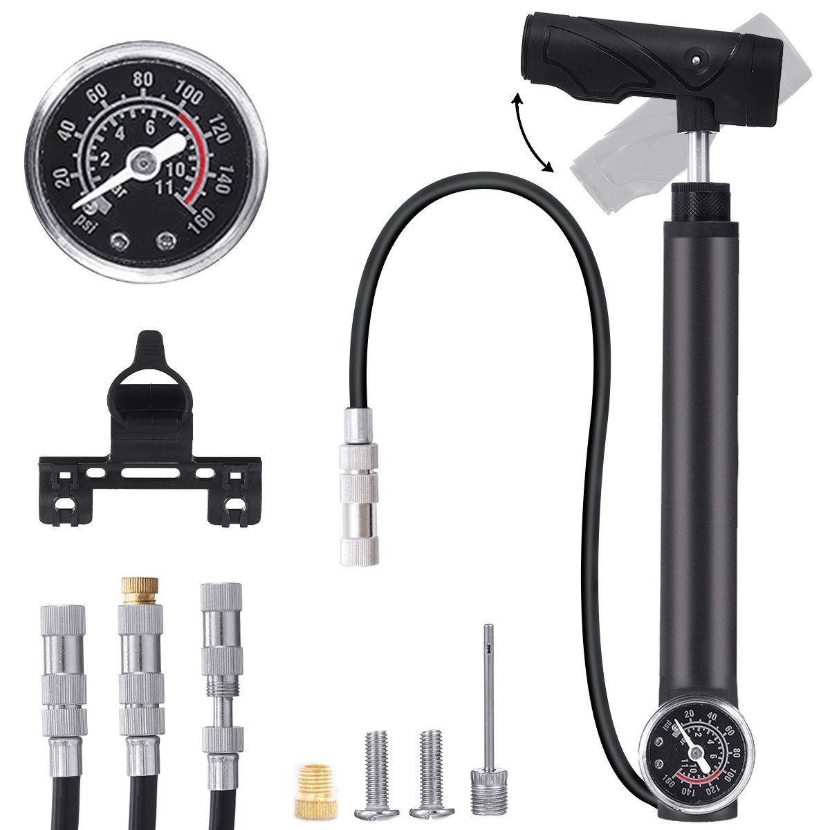 MAEREX Fahrradpumpe (3 in 1 Mini Luftpumpe Handpumpe, 100PSI Standpumpe Aluminium), mit Manometer und Ventil