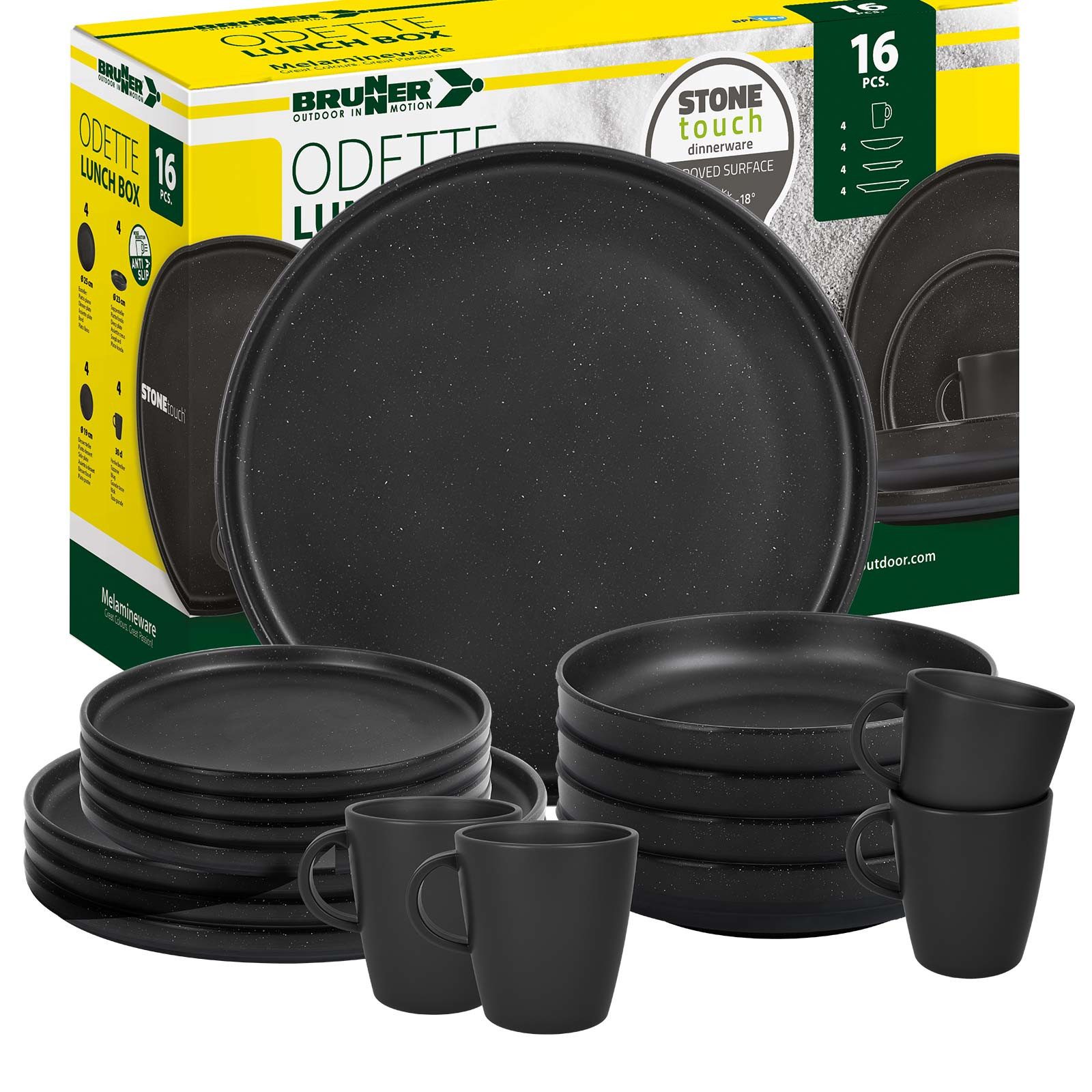 BRUNNER Geschirr-Set BRUNNER Camping Geschirrset ODETTE (7, 12, 16-tlg) BLACK AntiSlip (16-tlg)