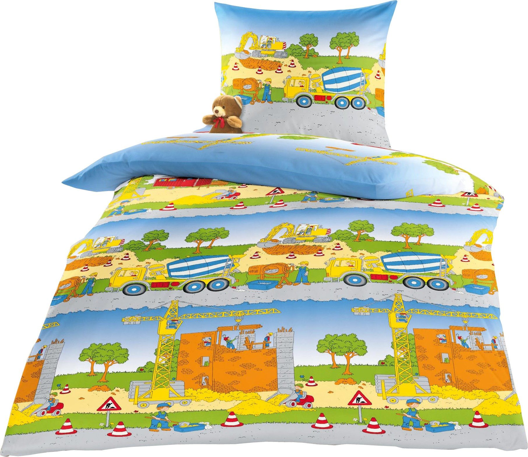 BIERBAUM Kinderbettwäsche JACK by Bierbaum 135x200cm Baustelle Bagger, Biber, 2 teilig, mit spannendem Baustellen-Motiv, Reißverschluss