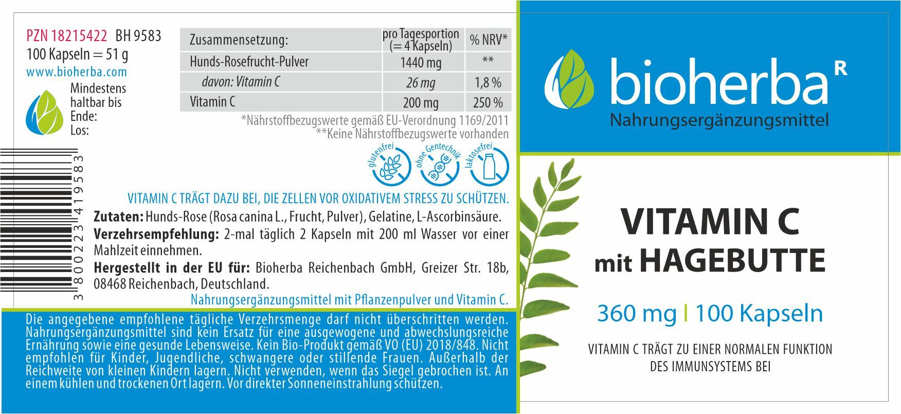 BIOHERBA R Bioherba Vitamin C Mit Hagebutte 360 mg 100 Kapseln Nahrungsergänzungsmittel, 1 er