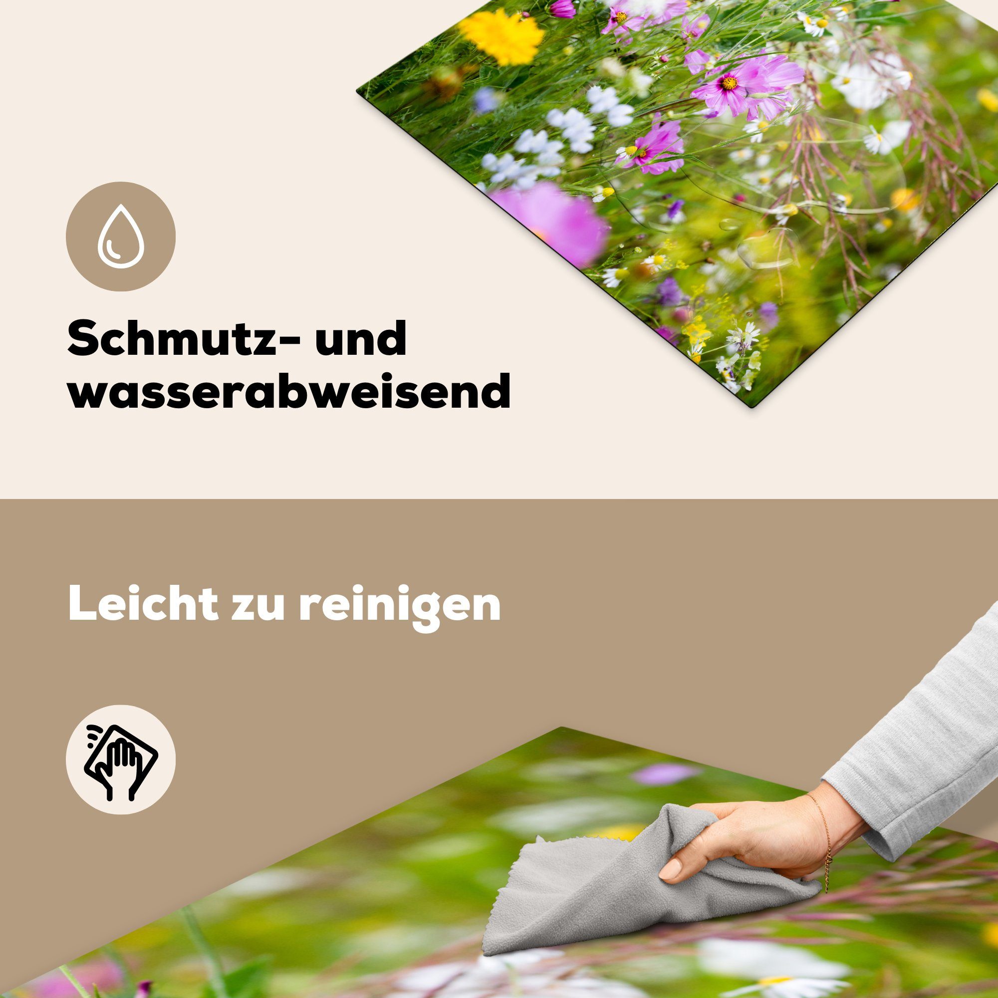 MuchoWow Herdblende-/Abdeckplatte Blumen - Natur Ceranfeldabdeckung - Induktionskochfeld, cm, (1 Lila Induktionsschutz, - Grün Vinyl, - 57x51 Gras Weiß, tlg), 