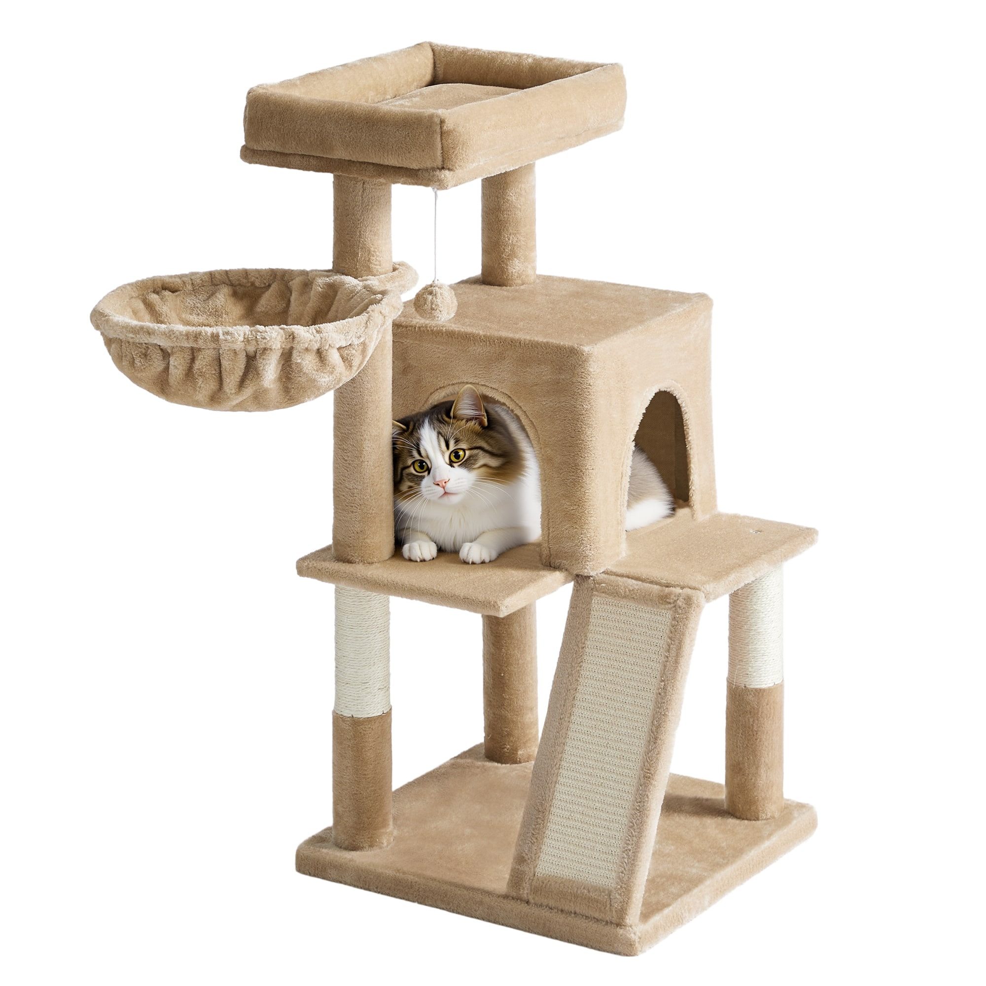 FEANDREA Kratzbaum Katzenkratzbaum, Stabil mit Katzentreppe und Katzenhaus 48 x 48 x 96 cm Kamelbraun