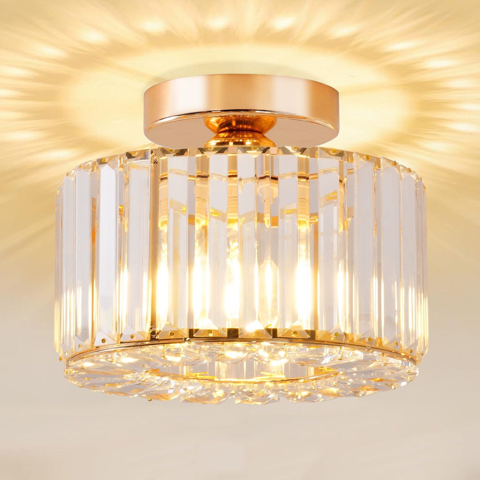 Ophy LED Deckenleuchte Moderner Kristall-Kronleuchter (halbaufgesetzt) mit Glasschirm, E27-Fassung, für Wohnzimmer, Schlafzimmer, Küche, Flur & Bad