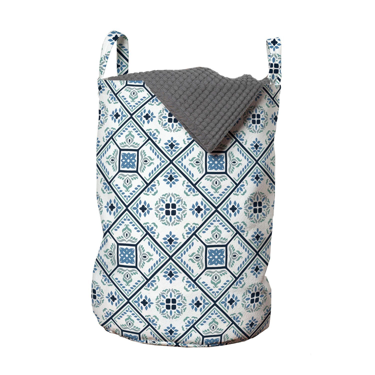 Abakuhaus Wäschesäckchen Wäschekorb mit Griffen Kordelzugverschluss für Waschsalons, Azulejos Bläulich Ethnische Blumenmotiv