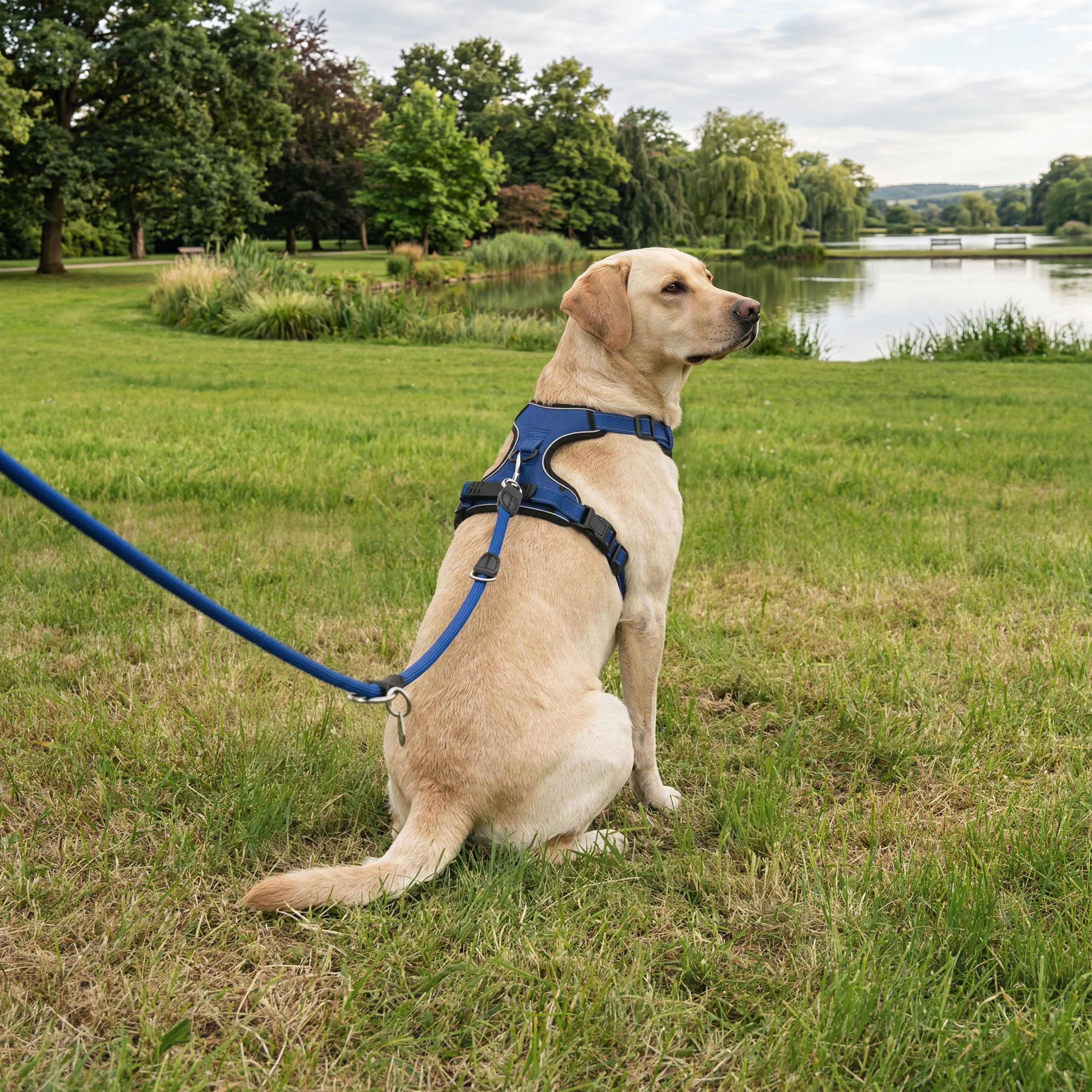belviona Y-Geschirr gepolstert, reflektierend & verstellbar, Größe XL, blau, Nylon, Anti-Zug Hundegeschirr mit Brustring & Kontrollgriff