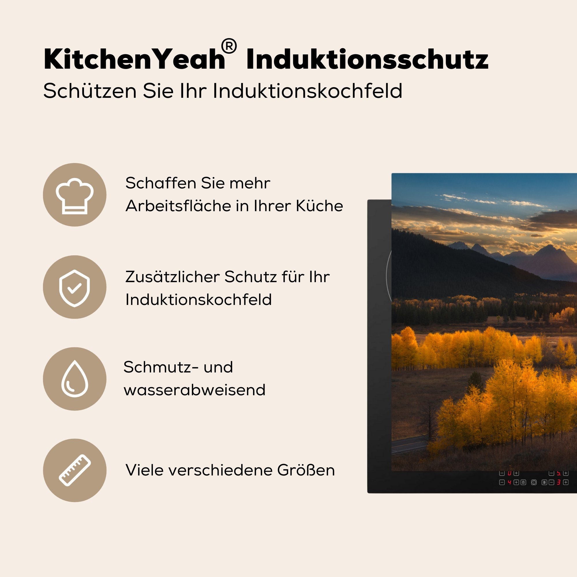 in Schöner Staaten, MuchoWow den Vinyl, Vereinigten (1 in für 83x51 den Ceranfeldabdeckung, Sonnenuntergang tlg), Arbeitsplatte Teton-Bergen Herdblende-/Abdeckplatte küche cm,