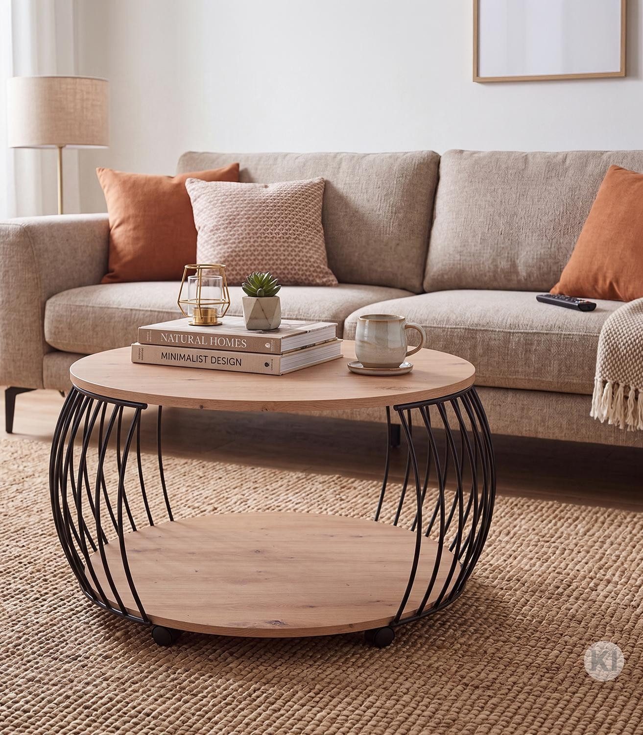 M2 Kollektion Couchtisch PEKING, Ø 80 cm, mit Rollen, mit Ablage, Artisan Eiche Dekor, Schwarz, Metallgestell