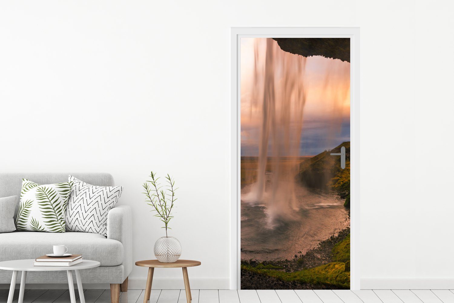 Natur, cm St), (1 bedruckt, Türaufkleber, Wasserfall Tür, - - für Fototapete 75x205 Island Matt, MuchoWow Türtapete