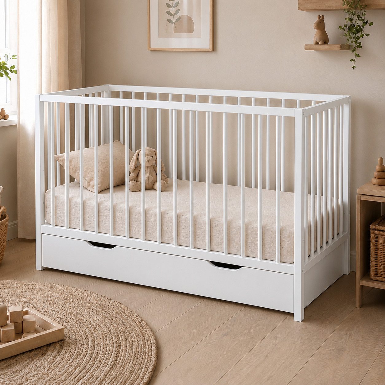 Kids Collective Babybett Kinderbett Gitterbett 60x120/70x140 cm modular & höhenverstellbar Holz, verschiedene Varianten wählbar massives Holz ab Geburt Weiß