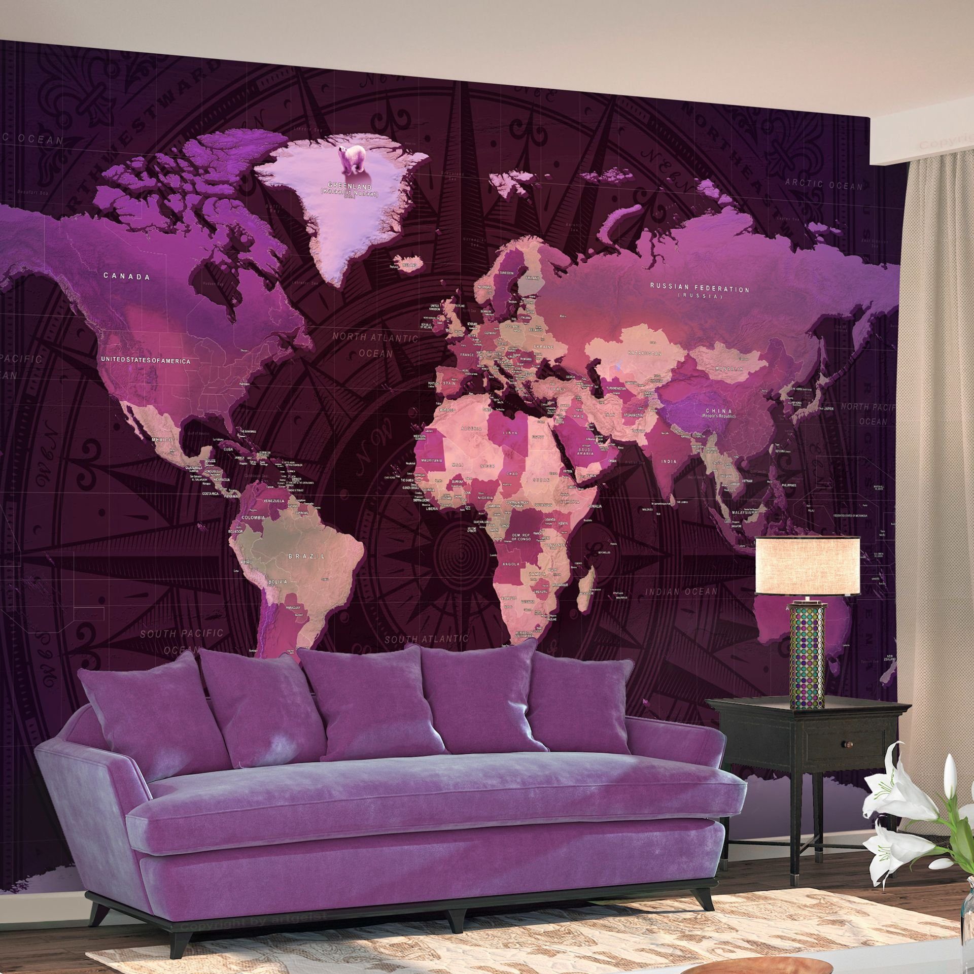 KUNSTLOFT Vliestapete Purple World Map 1x0.7 m, halb-matt, lichtbeständige Design Tapete