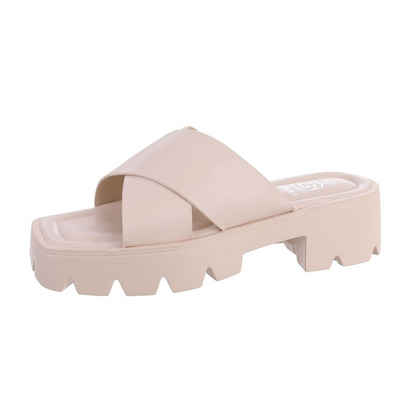 Ital-Design Damen Mules Freizeit Plateausandaletten Blockabsatz Sandalen & Sandaletten in Beige