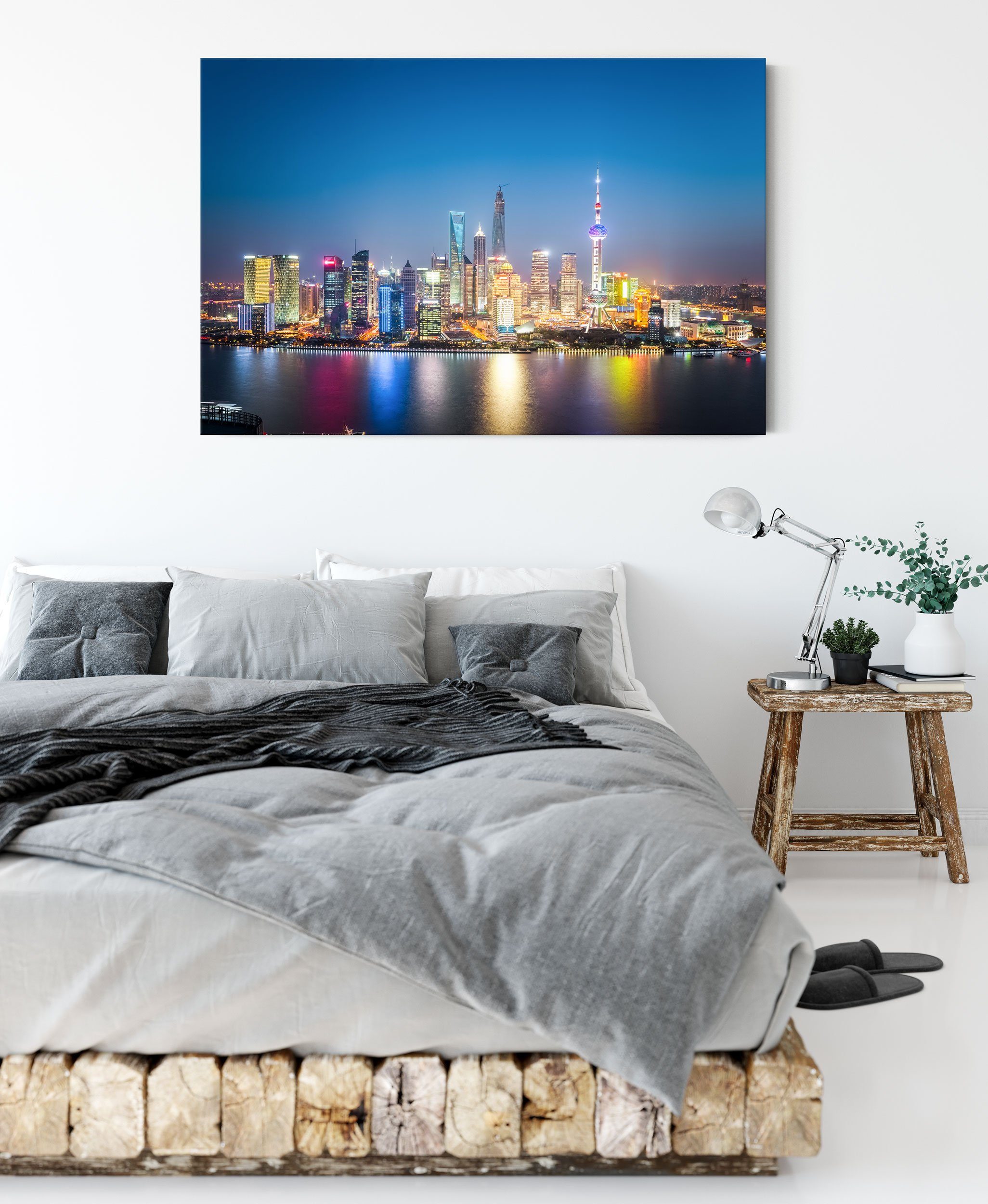 Leinwandbild Shanghai fertig Zackenaufhänger Skyline St), inkl. (1 bespannt, Pixxprint Skyline, Shanghai Leinwandbild