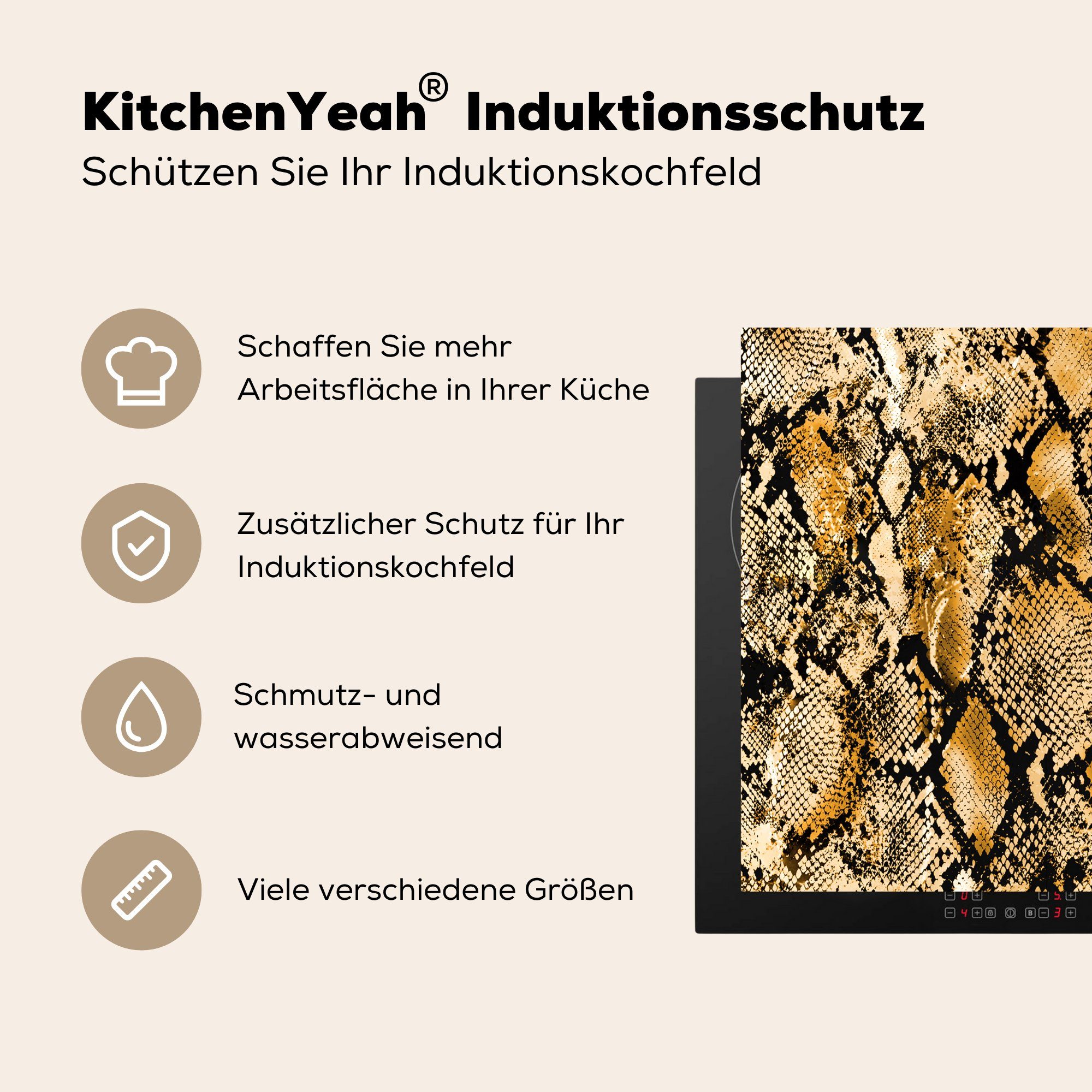 MuchoWow Herdblende-/Abdeckplatte Tiermuster - (1 Ceranfeldabdeckung für - cm, 59x52 Vinyl, tlg), Gold die küche, Induktionsmatte Schlange